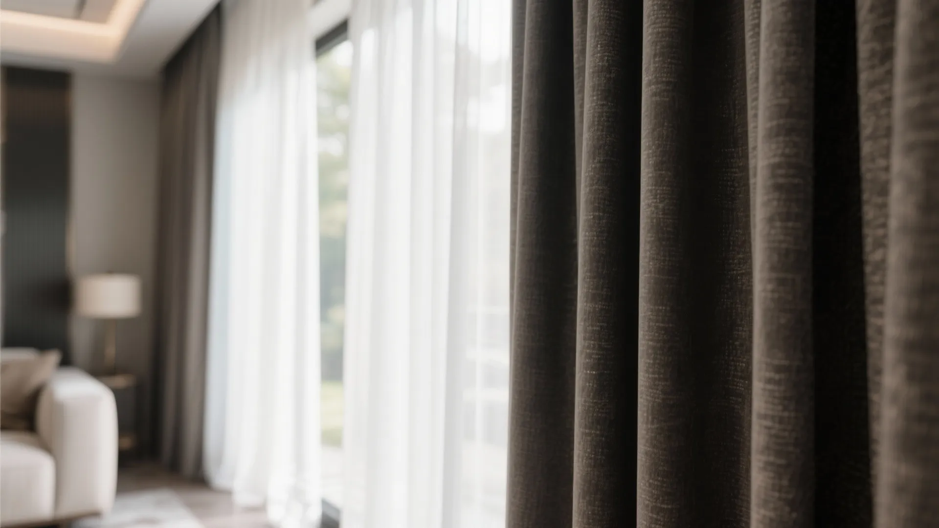 Close up of heavy brown fabric curtain hanging next to a white sheer window curtain