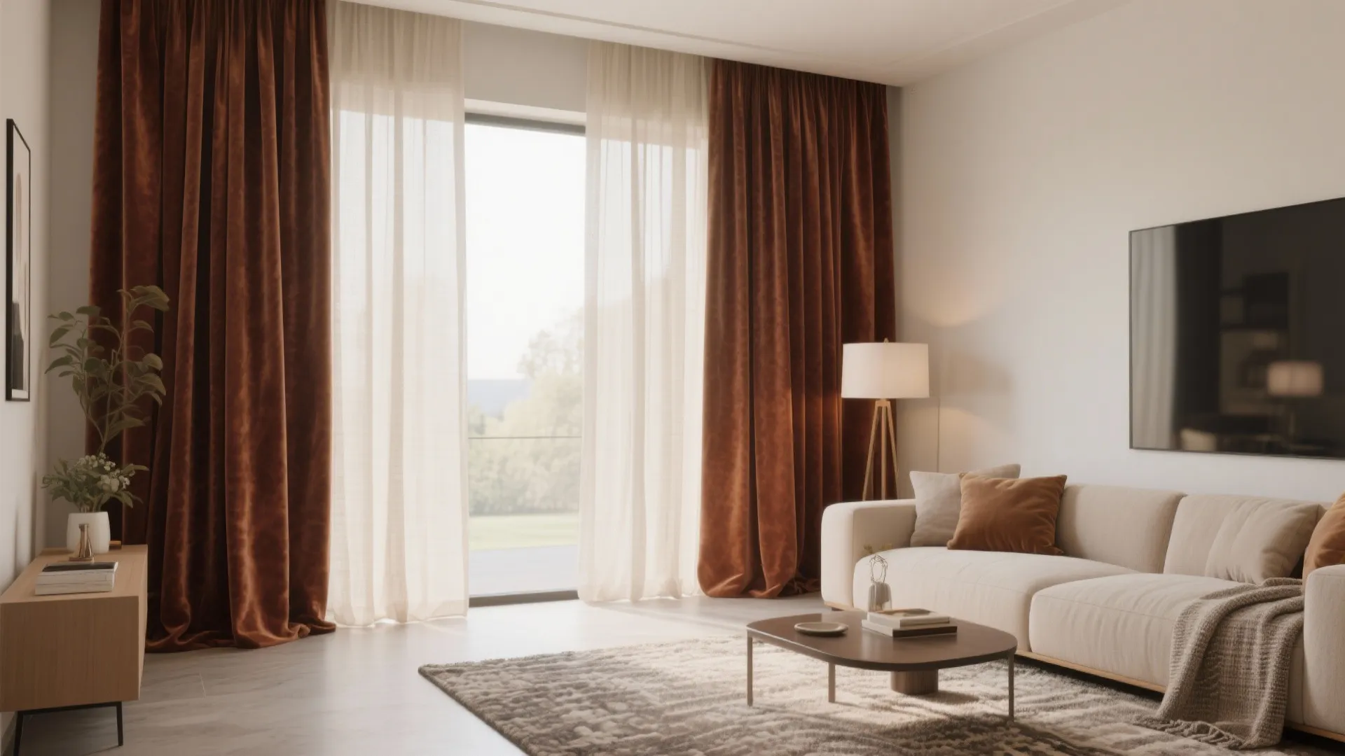 Modern living room with orange velvet curtains white sheer curtains beige sofa and floor lamp