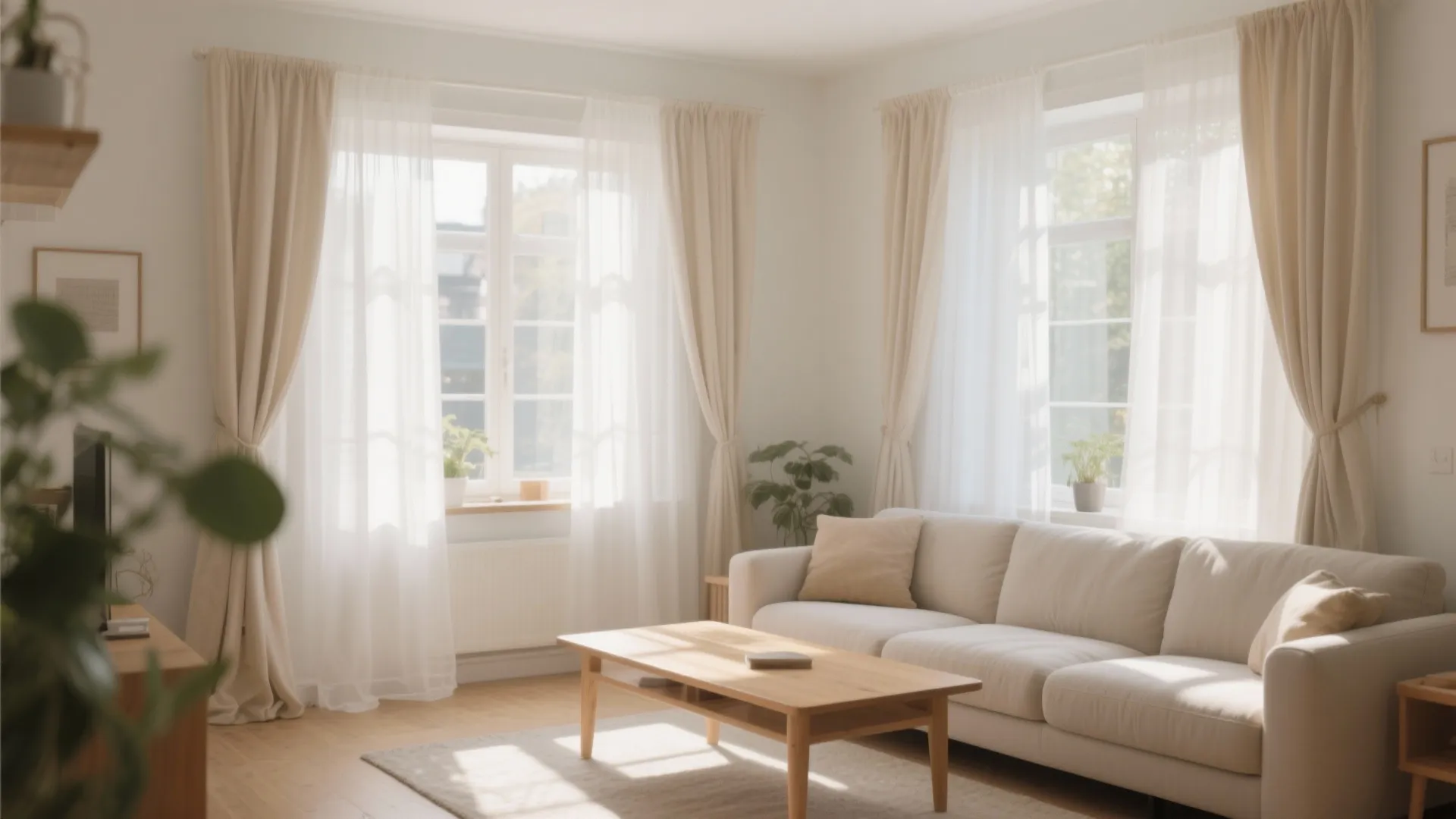 Bright living room featuring beige layered curtains white sofa wooden coffee table and natural sunlight