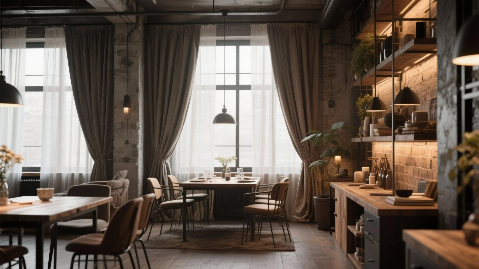Industrial loft dining space with brick wall, wooden cabinet, layered heavy curtains, and black ceiling lights