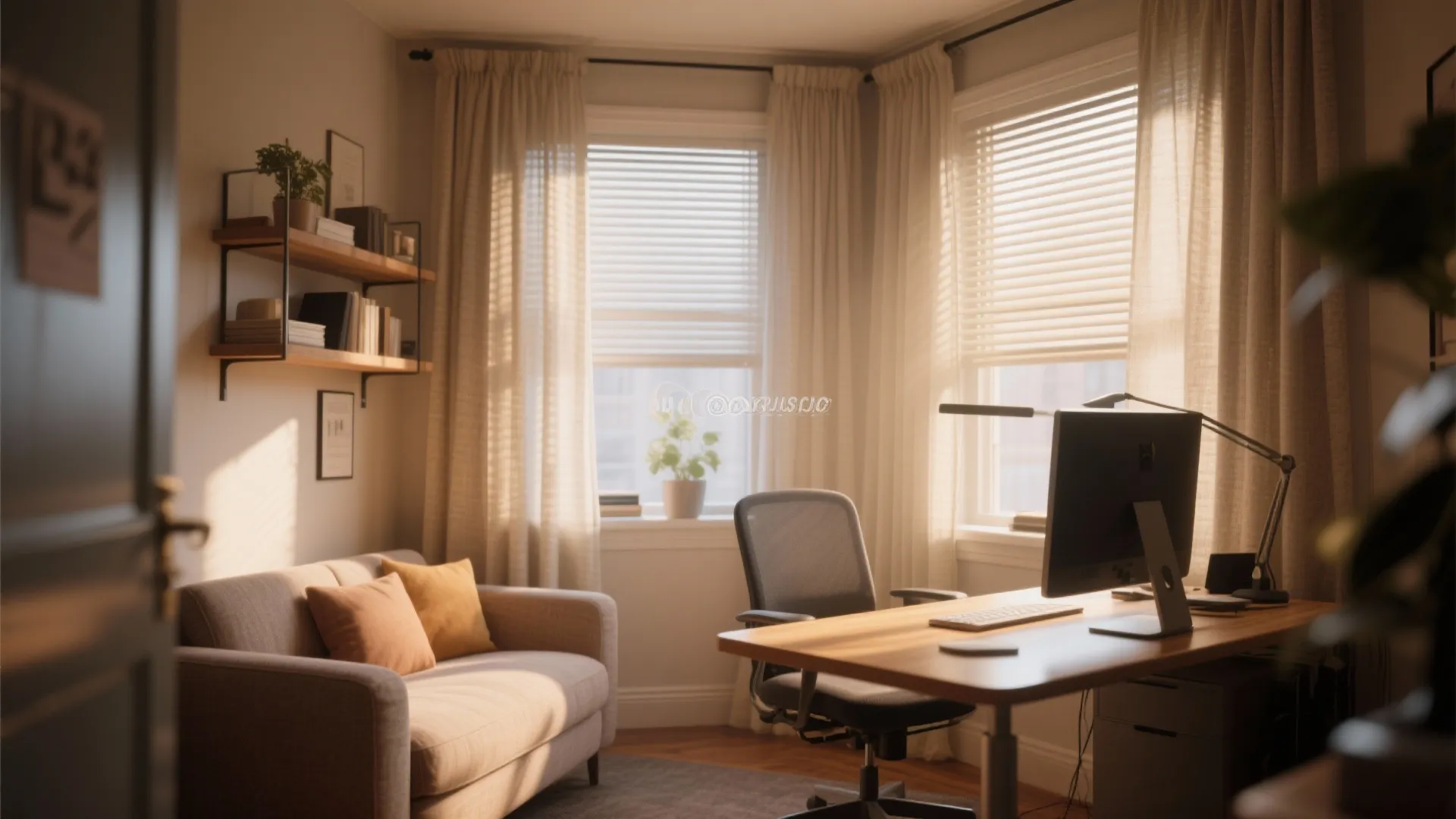Home office with wooden desk and computer chair next to a sofa with soft light