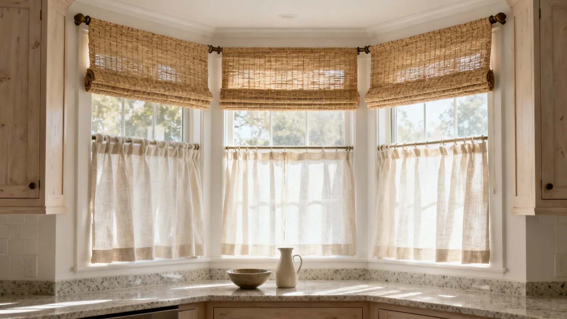 Kitchen bay window with linen café curtains and a woven top-down shade softly diffusing light.