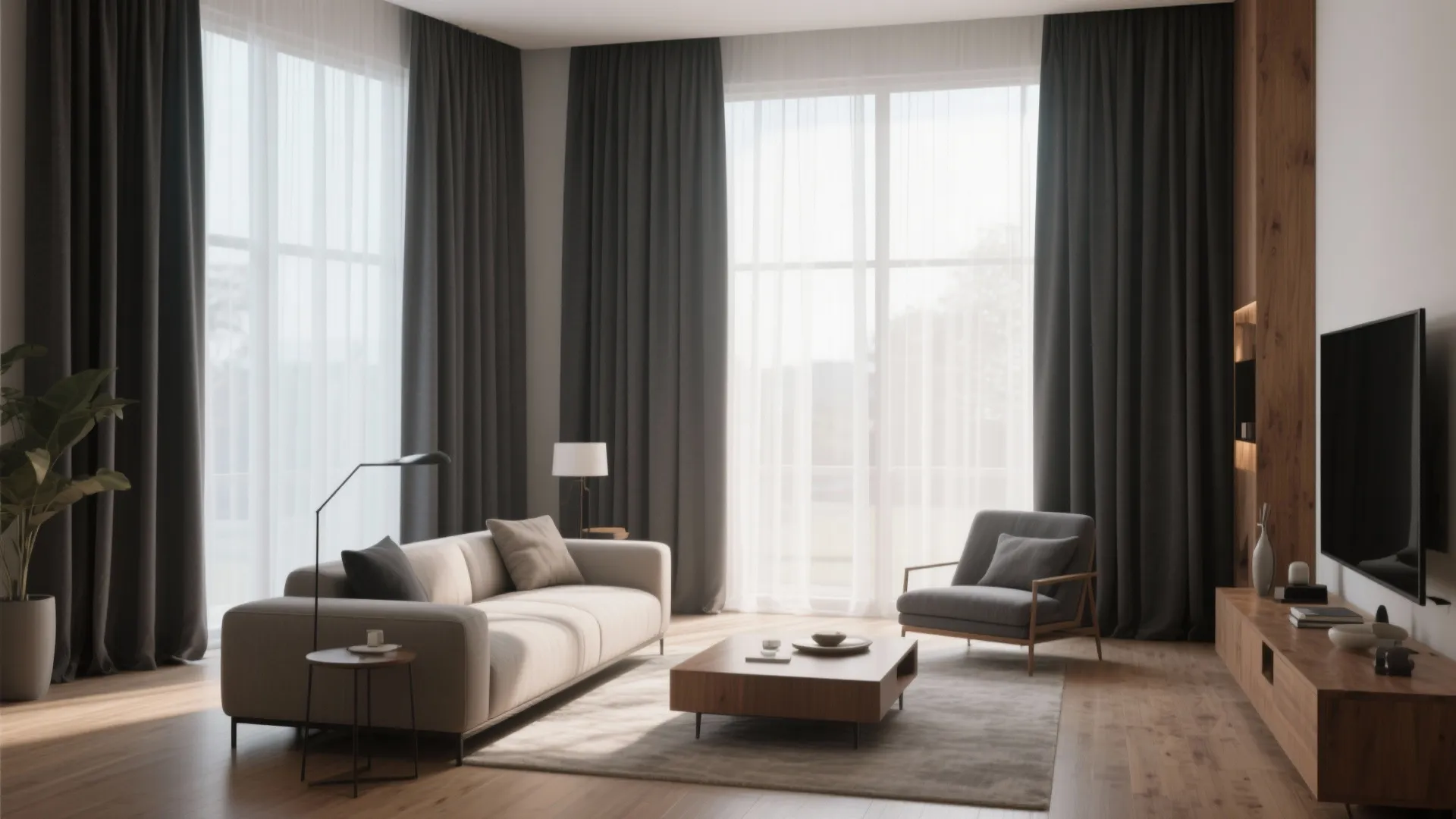 Contemporary living room with grey curtains layered over sheer white fabric for a high contrast look