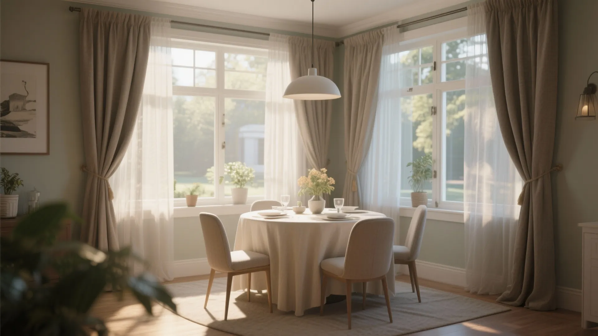 Small sunroom dining with layered sheer and heavy drapes