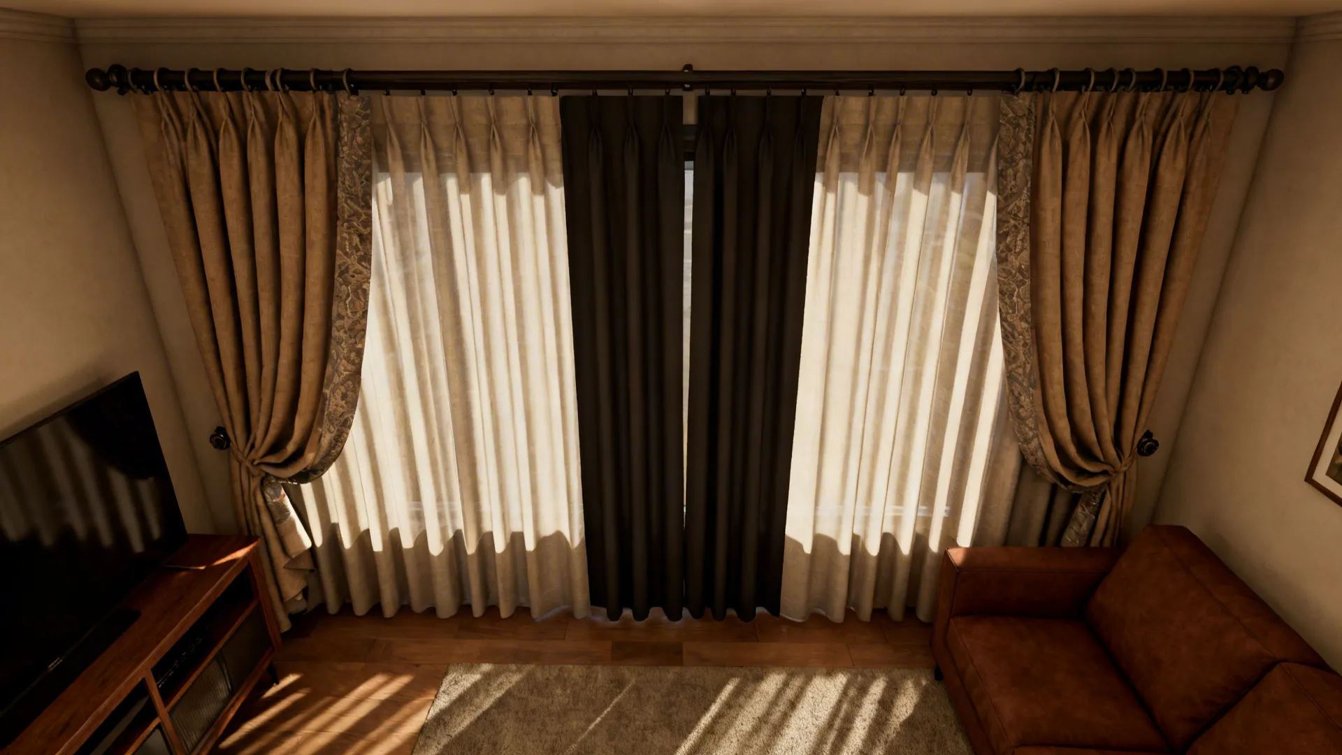 Living room illustrating layered curtains with a blackout inner panel and decorative outer drape above a brown sofa.