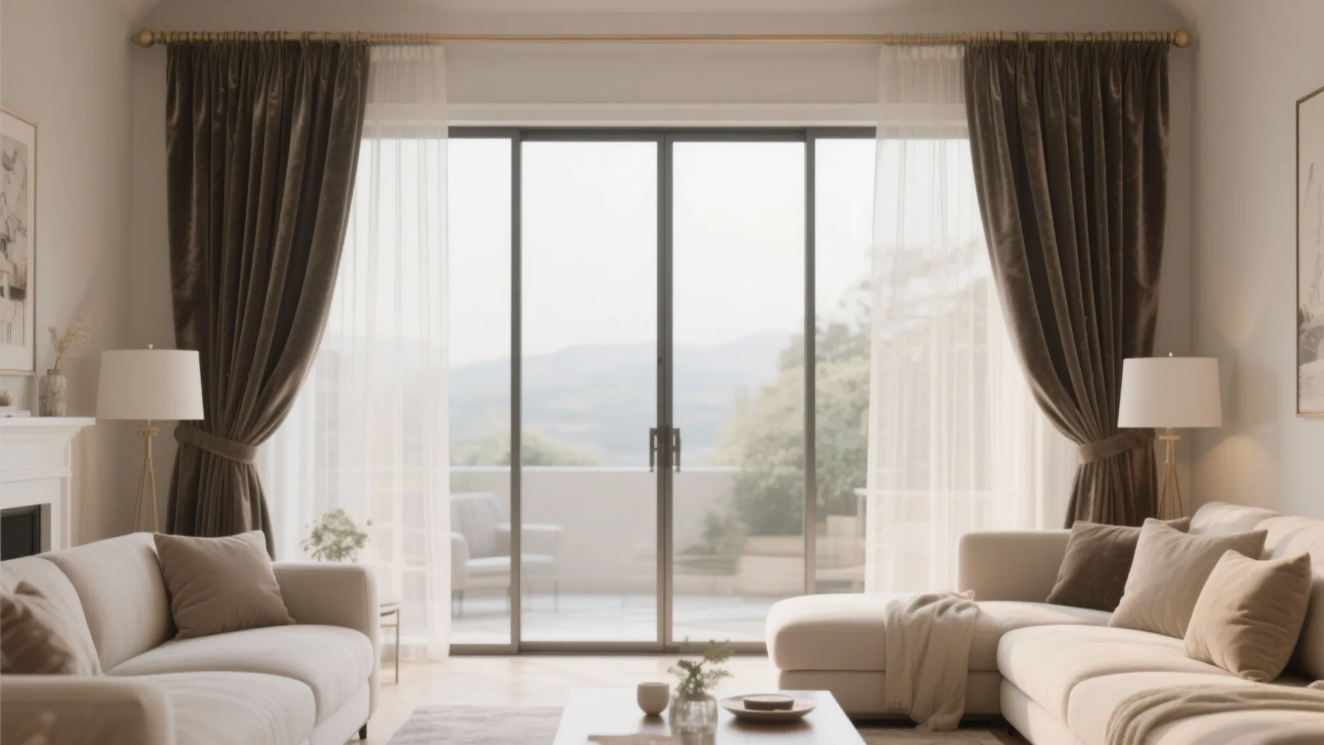 Modern living room featuring brown velvet curtains and sheer white drapes by a glass door