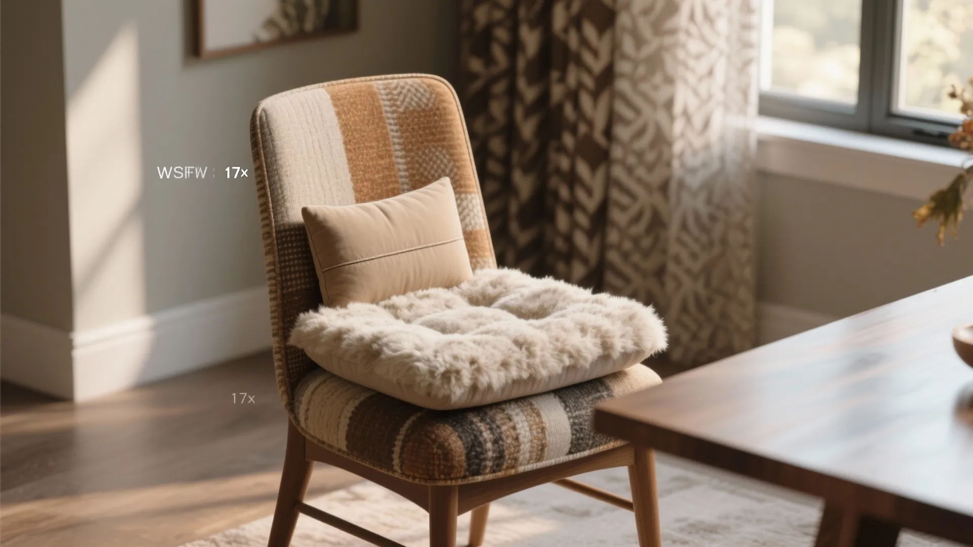 Patterned chair featuring a small beige pillow and a soft white fluffy cushion for comfort