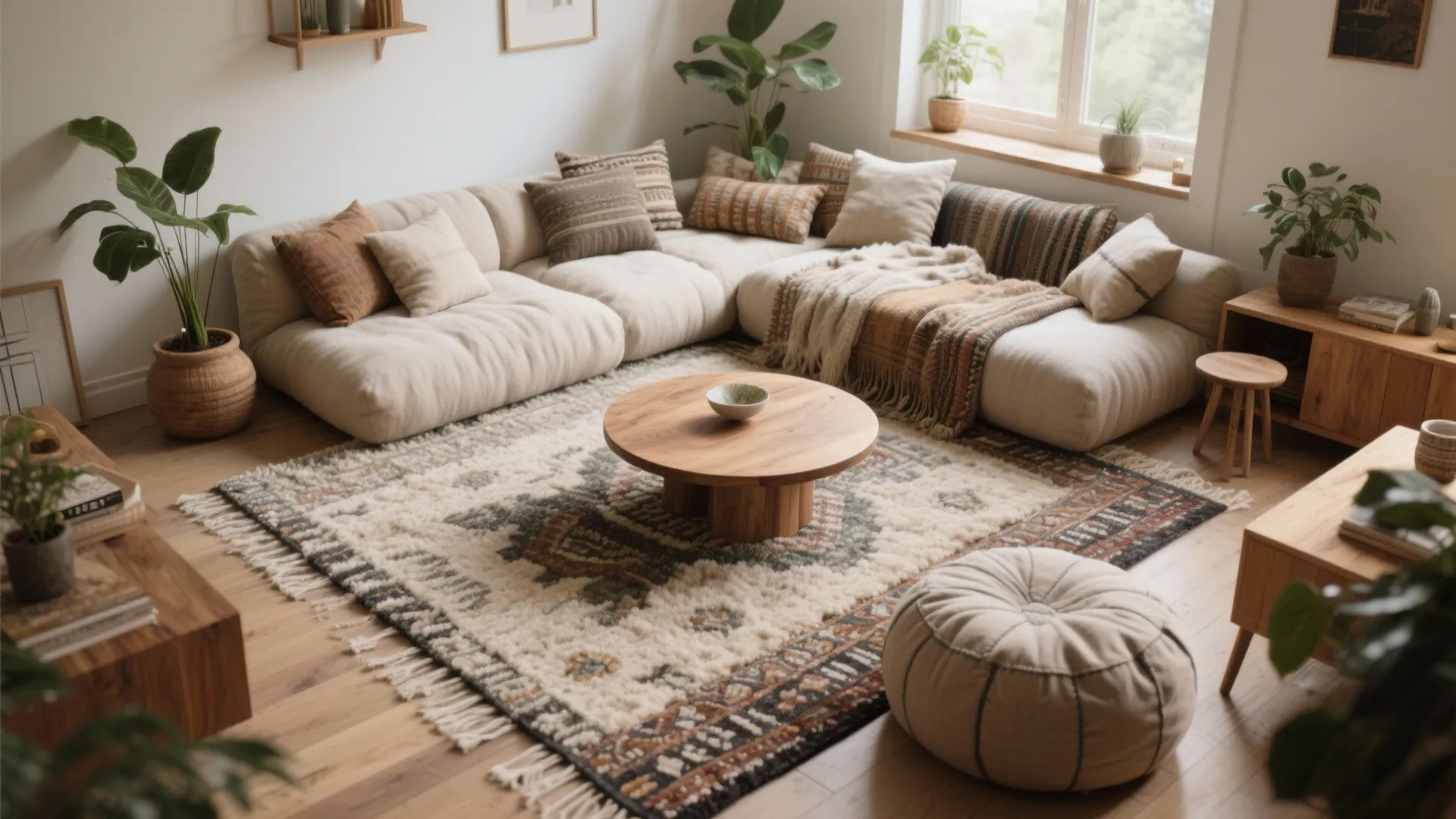 Layered Rugs + Oversized Floor Cushions