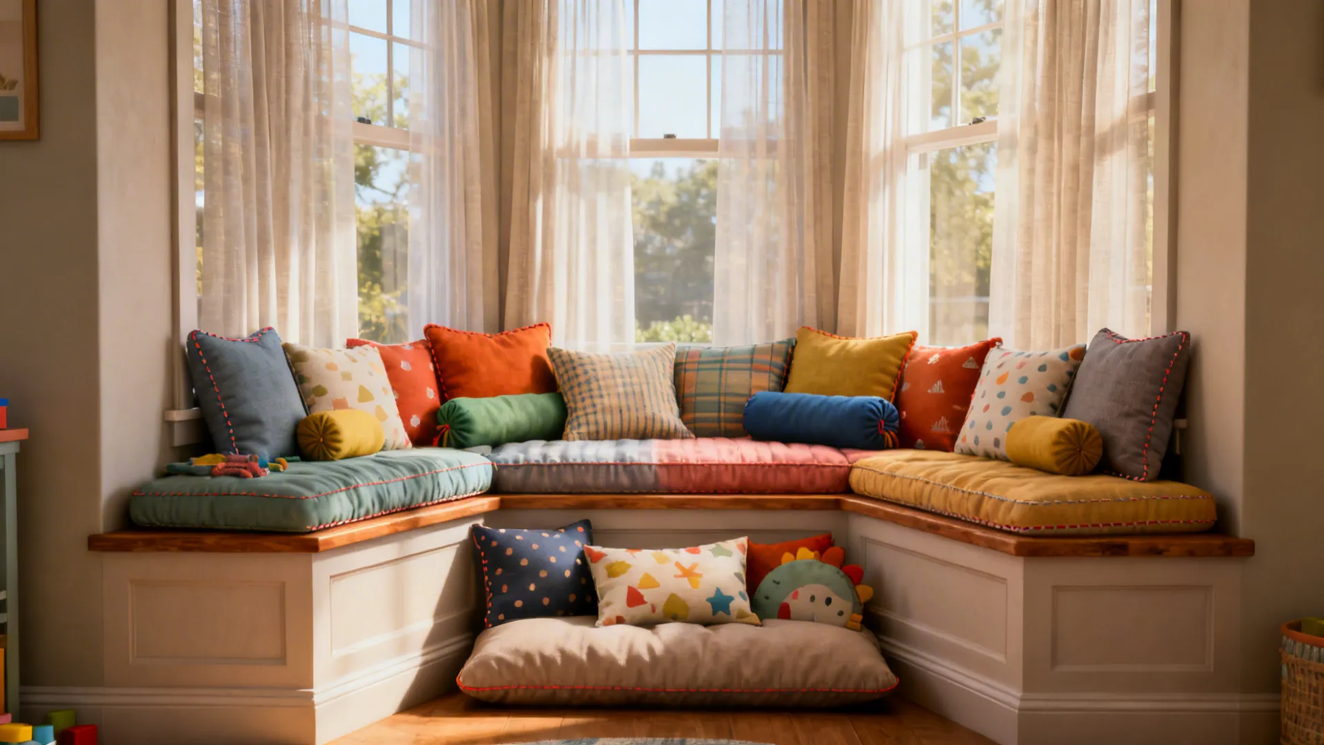Cozy window seat area filled with many colorful pillows of different sizes under bright windows