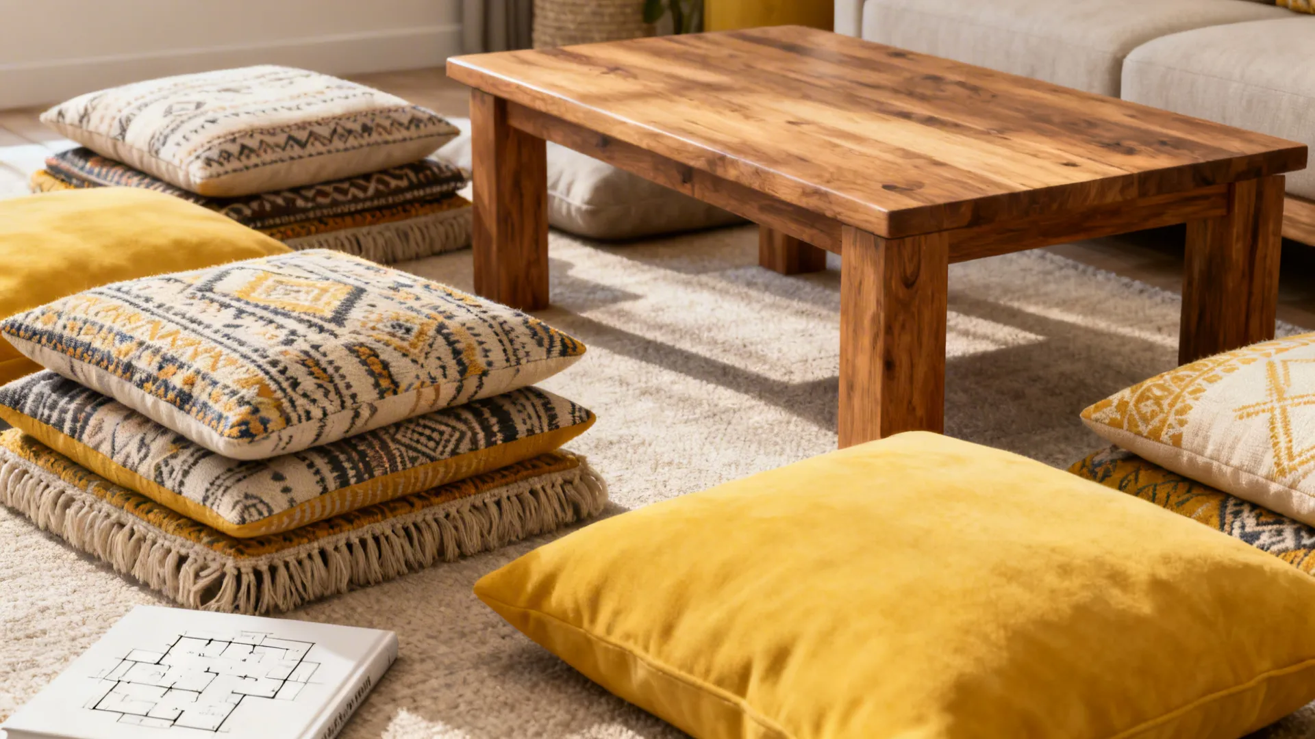 Boho layered floor cushions arranged around a low teak table in a small living room.