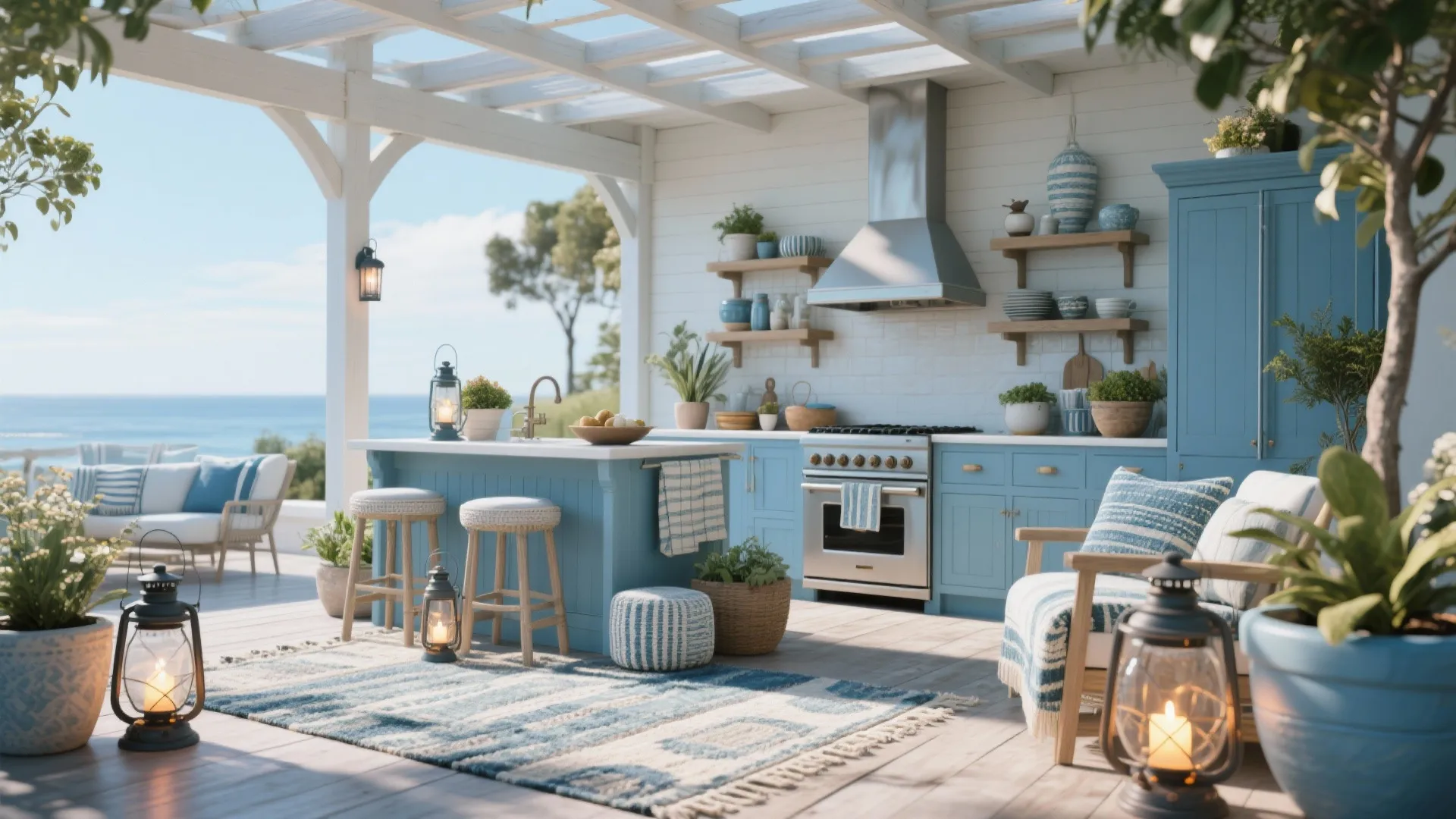 Blue coastal outdoor kitchen with white pergola wooden floor striped rug stools and bright ocean view