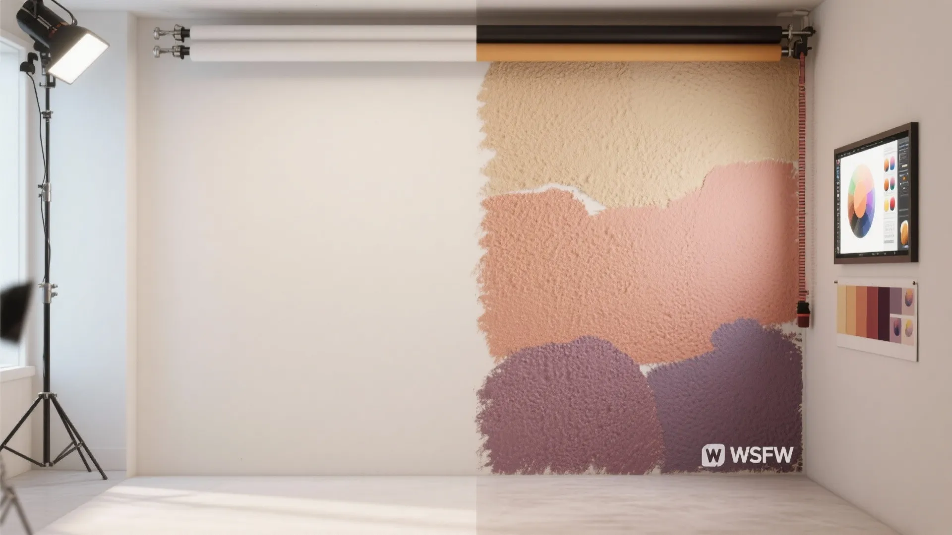 Comparison of a plain white wall versus a colorful textured wall with digital color palettes
