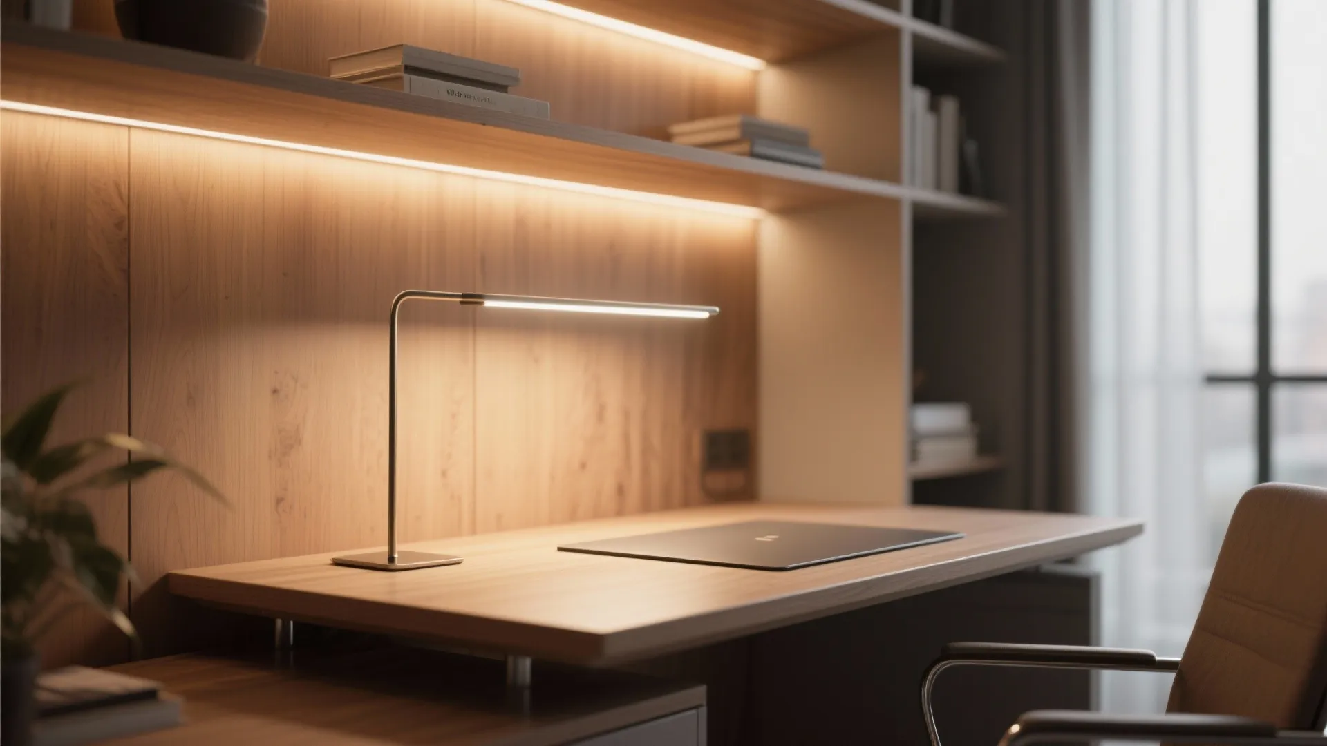 Modern desk with layered lighting from lamp and ambient light