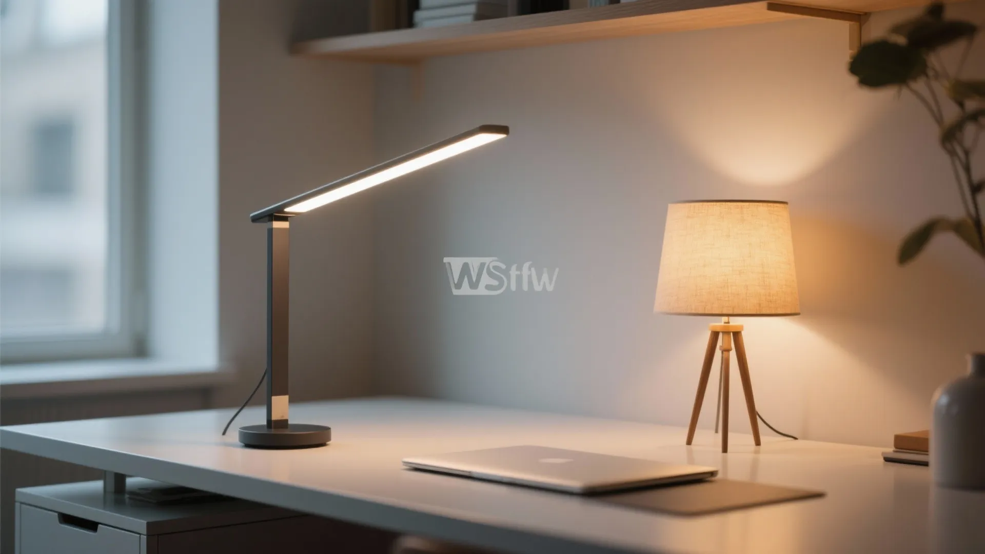 Modern black desk lamp and small wooden table light sitting on a white office desk