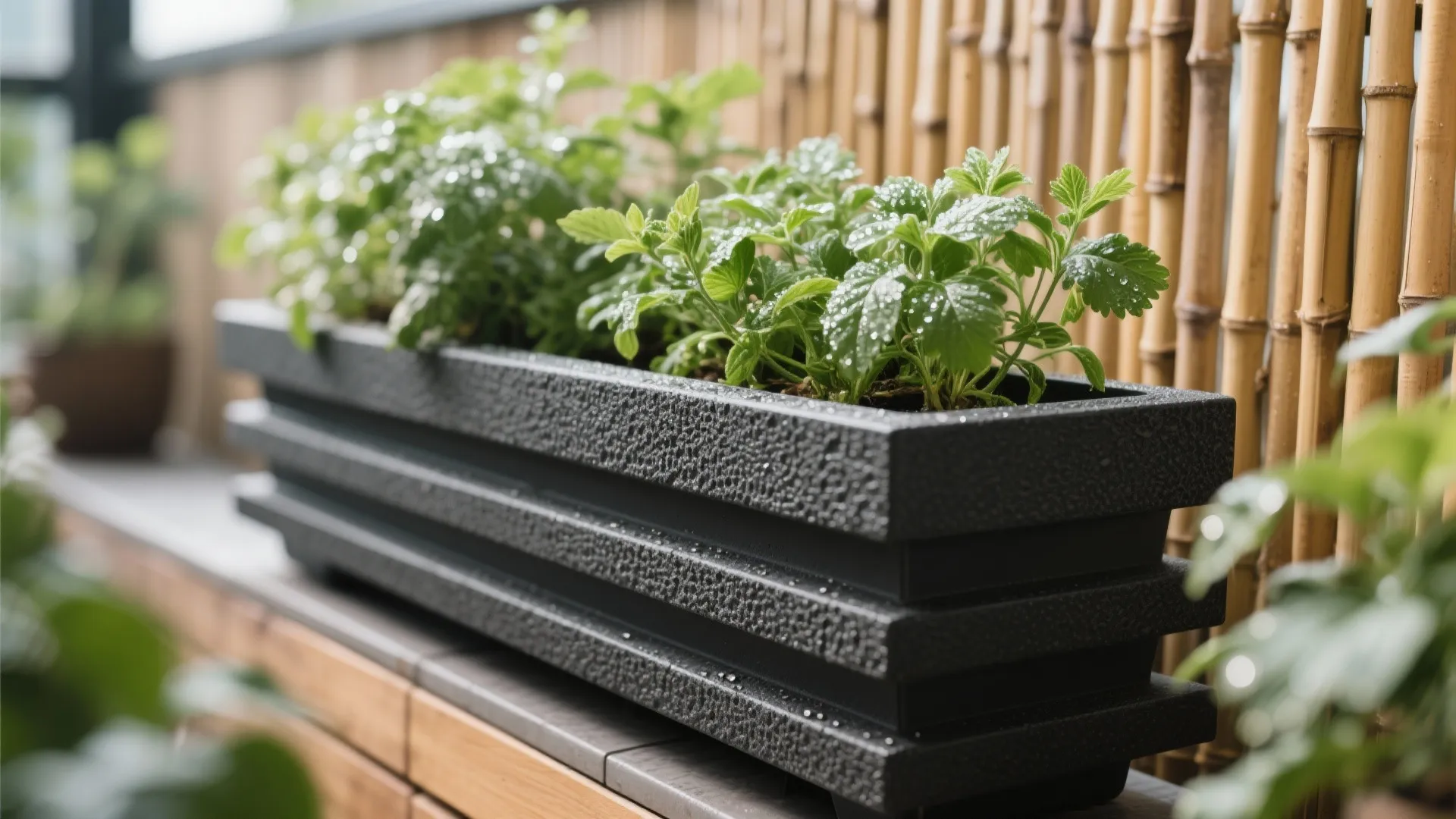Close-up of layered balcony planters showing herb and shrub textures.