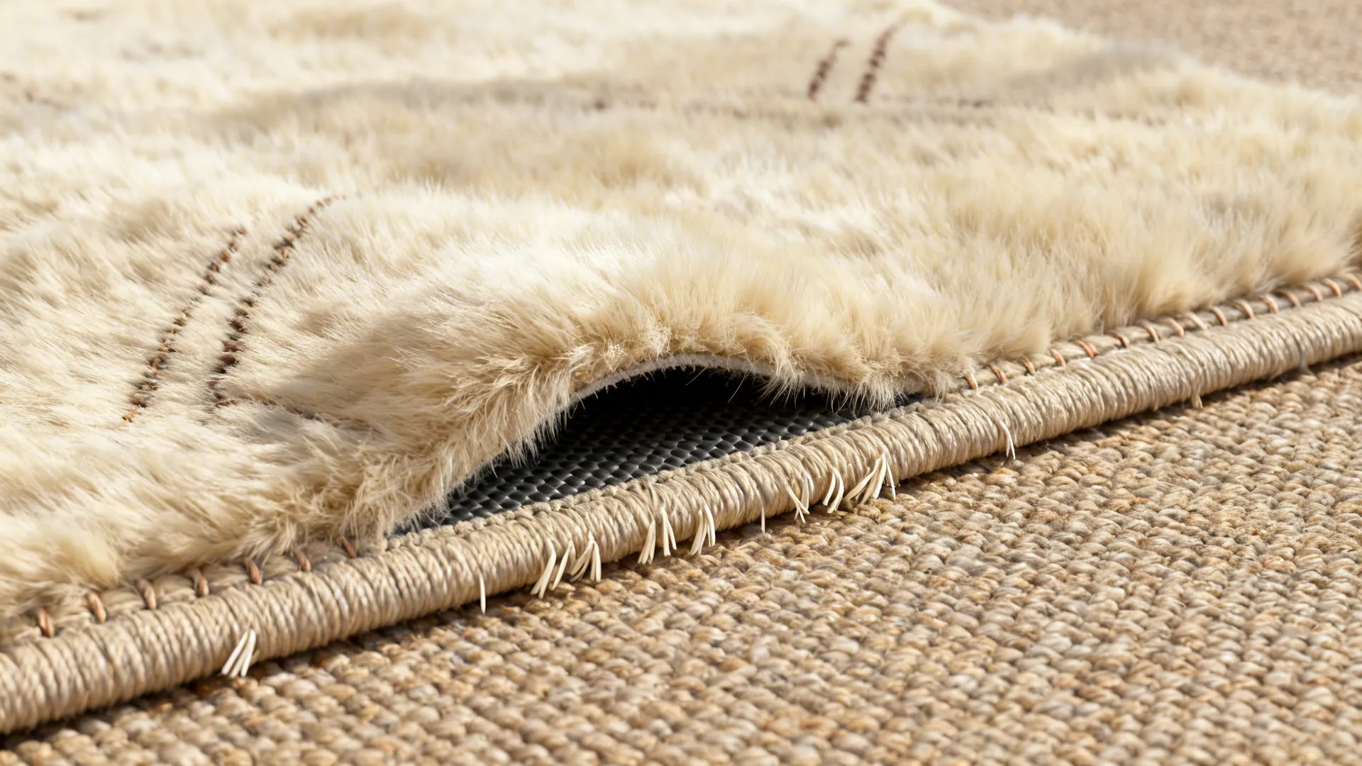 Macro detail of a small cream faux fur rug layered over a woven flatweave showing texture and a non-slip pad.