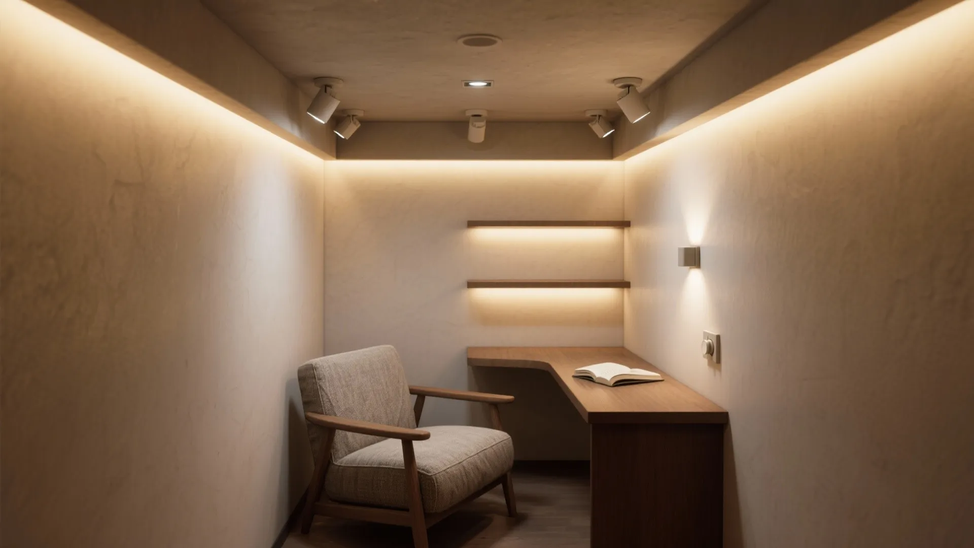 Small living nook with layered recessed lights and dimmers, showing ambient and task lighting.
