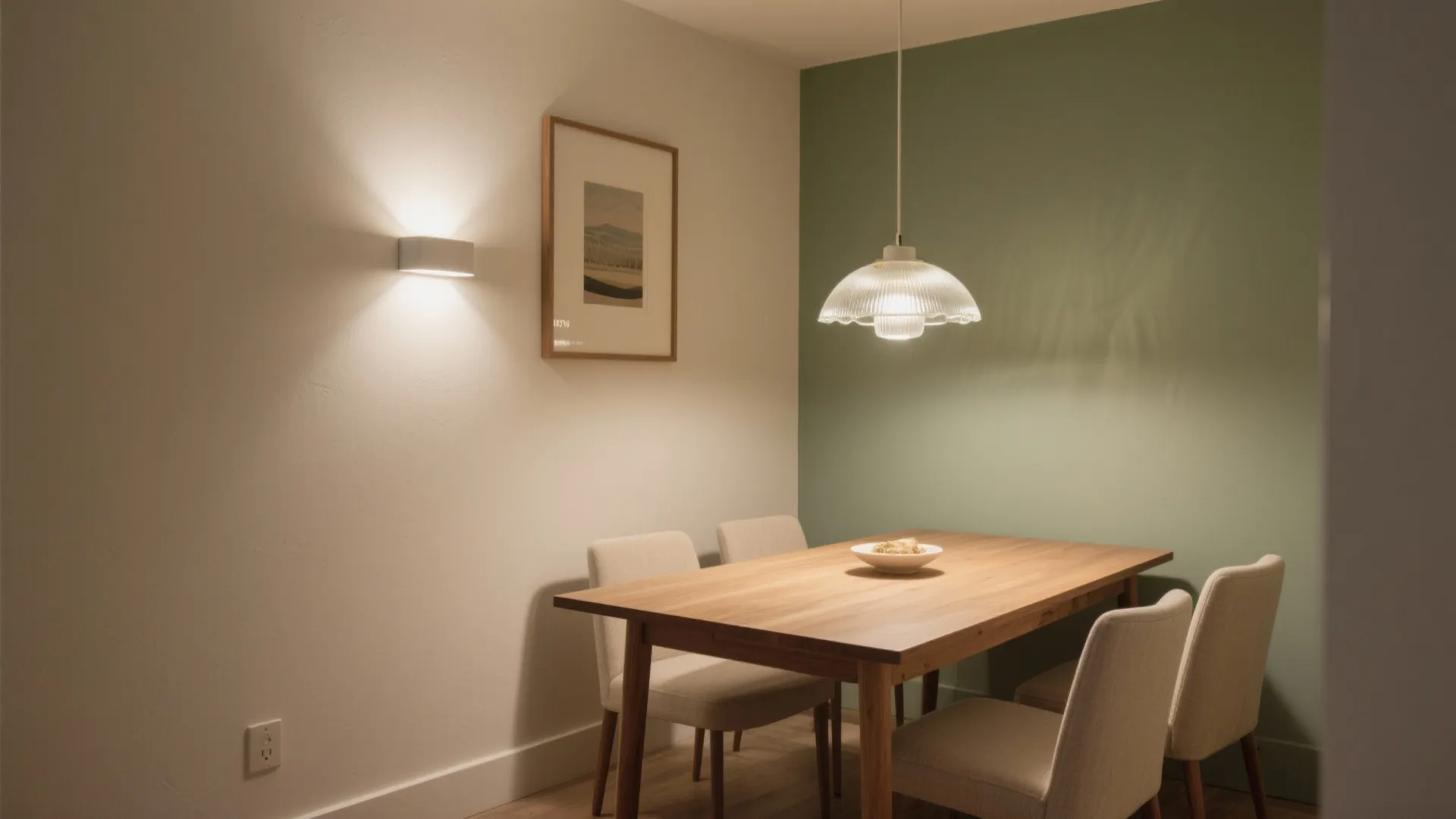 Dining room with wooden table white chairs green wall hanging ceiling light and small wall light
