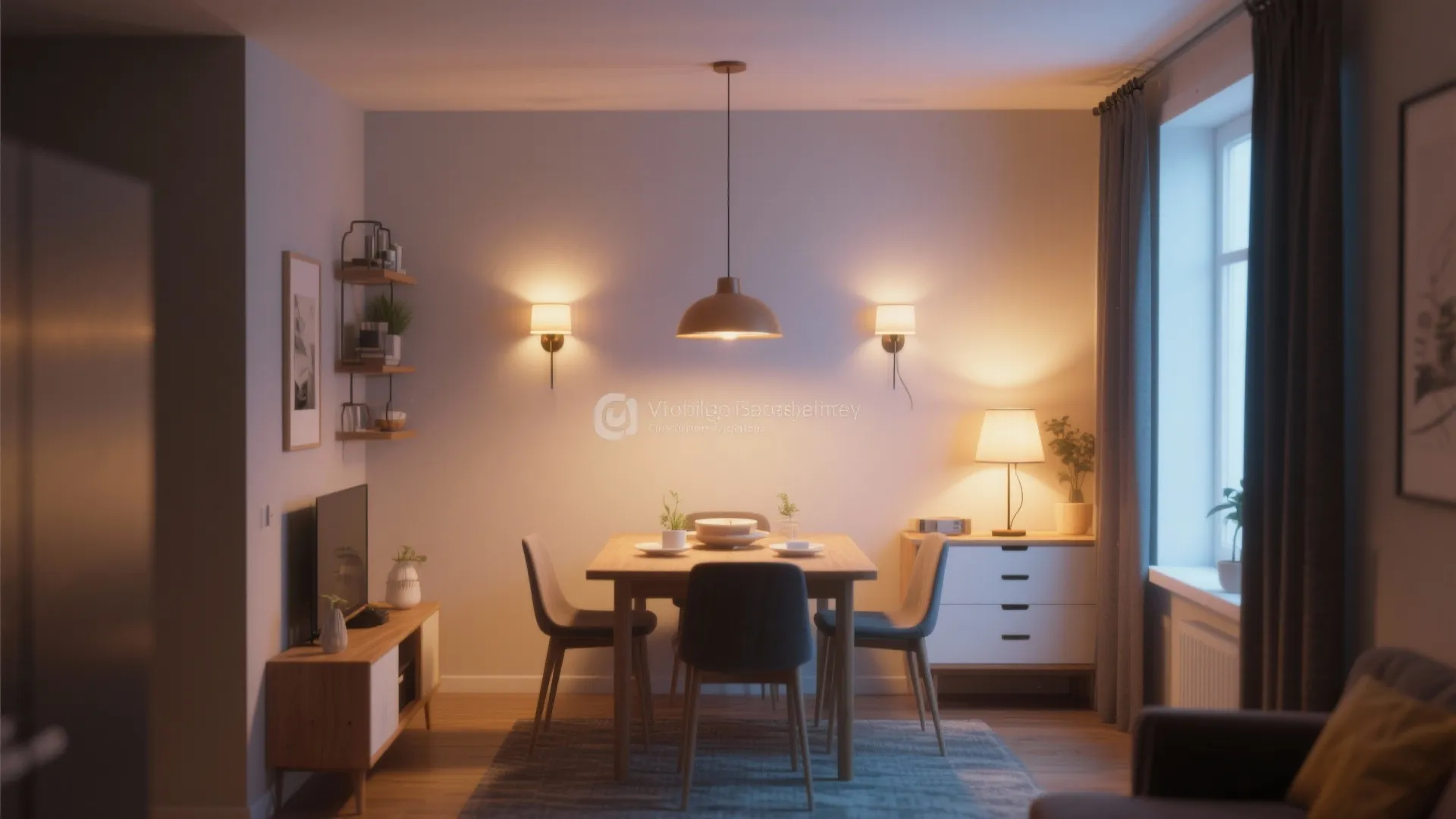 Dining area with layered lighting from pendant, sconces, and lamp