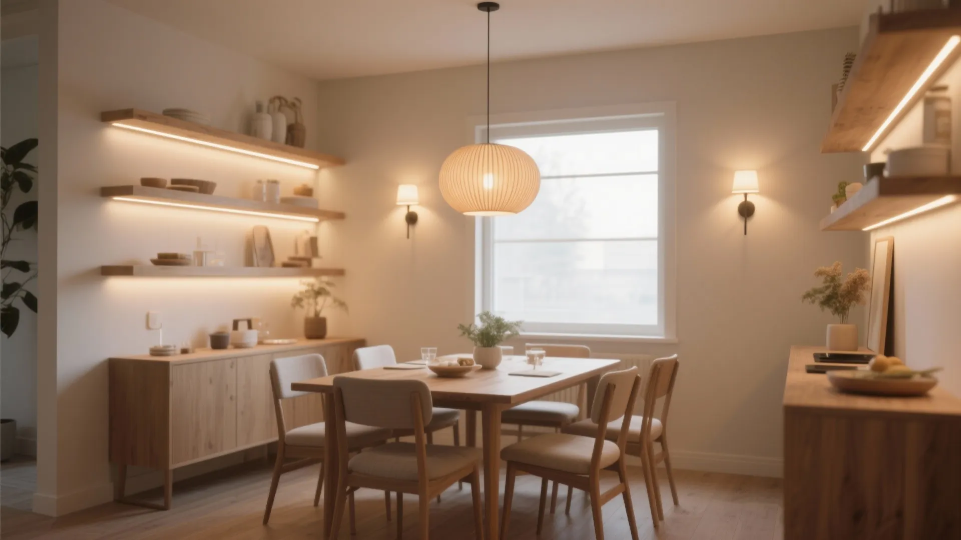 Warm dining room featuring wooden table with chairs plus wall lights and a ceiling light