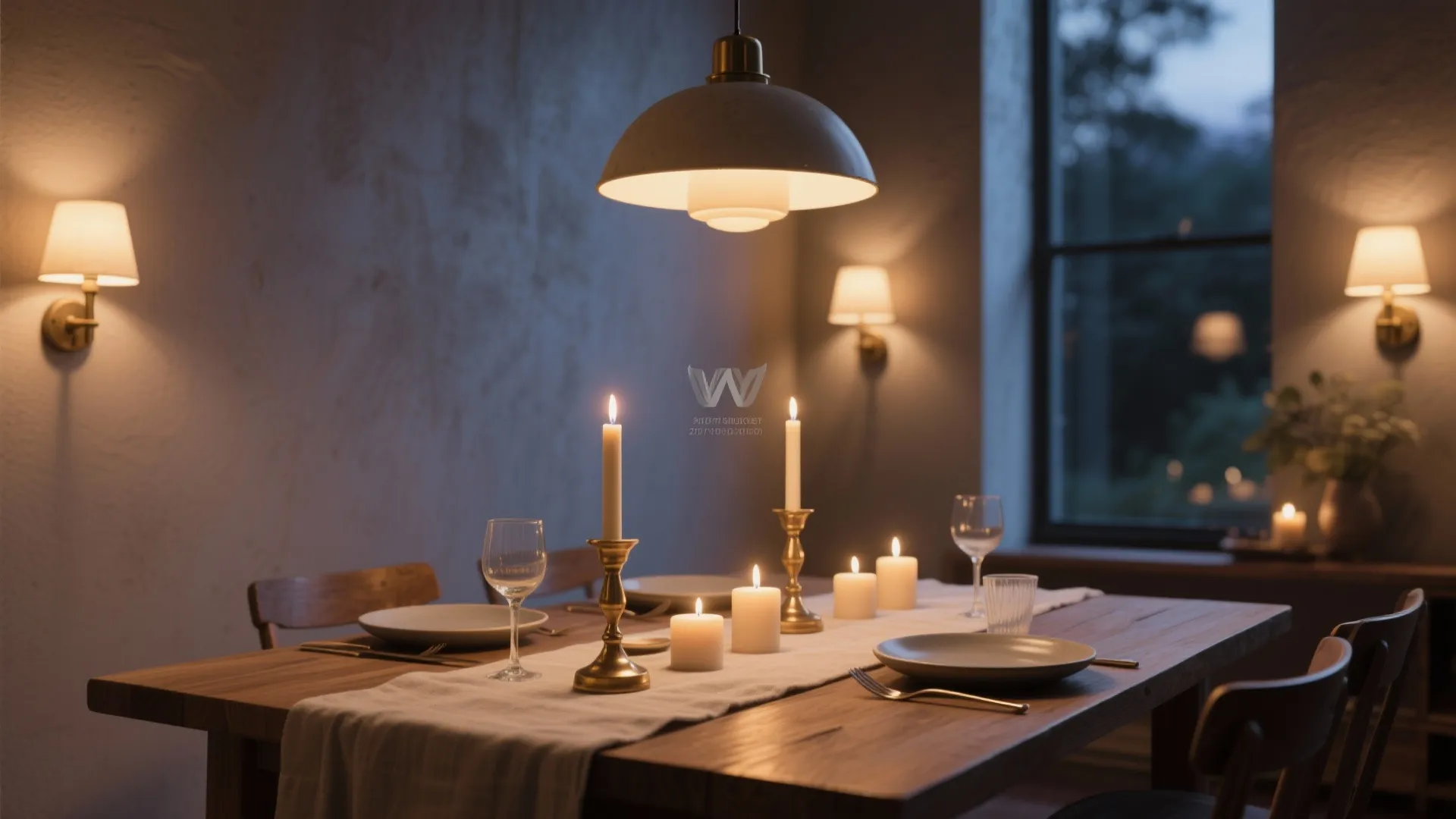 Dining table lit by a warm pendant, soft sconces, and candles for cozy ambience.
