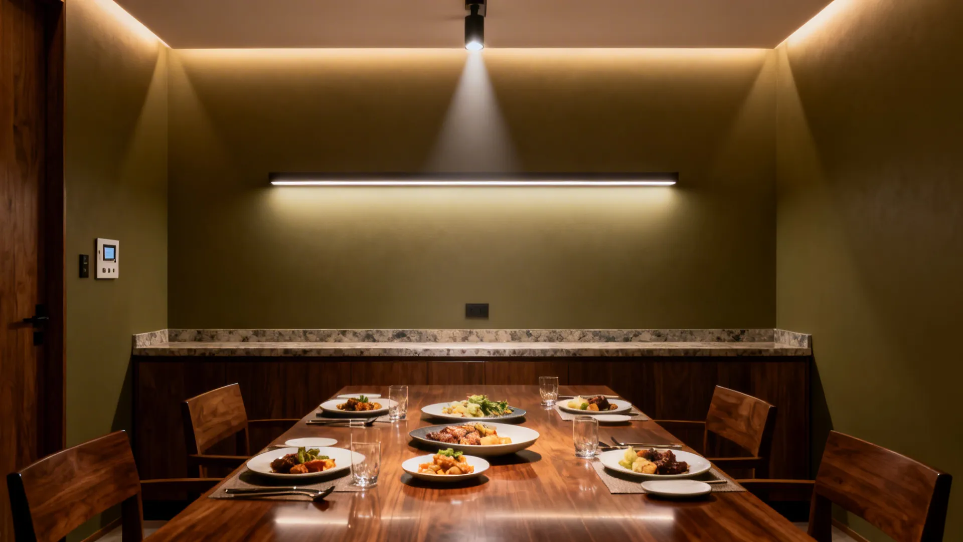 Private dining room with warm cove lighting, focused table spots, and a dimmable linear feature.
