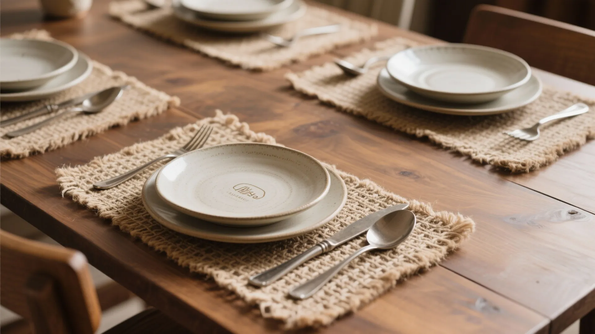 Close up of wooden dining table with white plates silver cutlery and textured woven brown placemats
