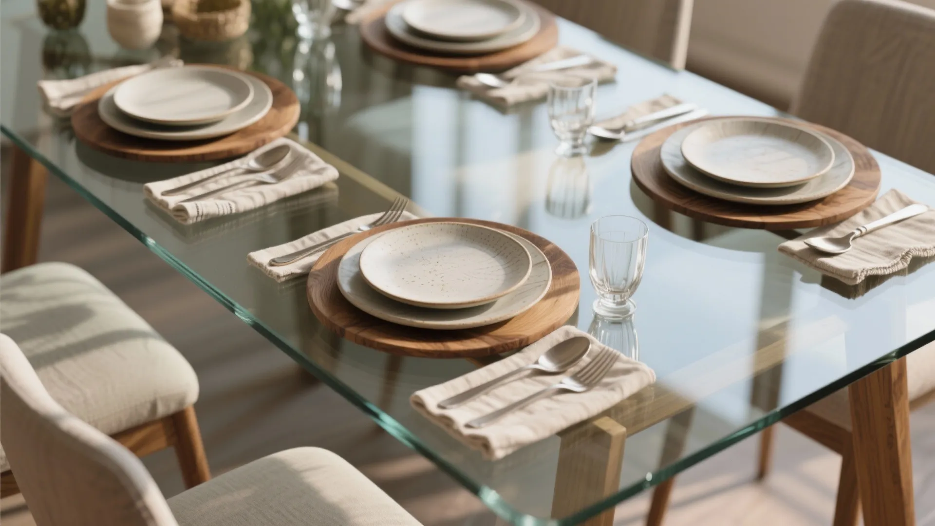 Set dining table with wooden plates white dishes silver cutlery and clear glasses for guests