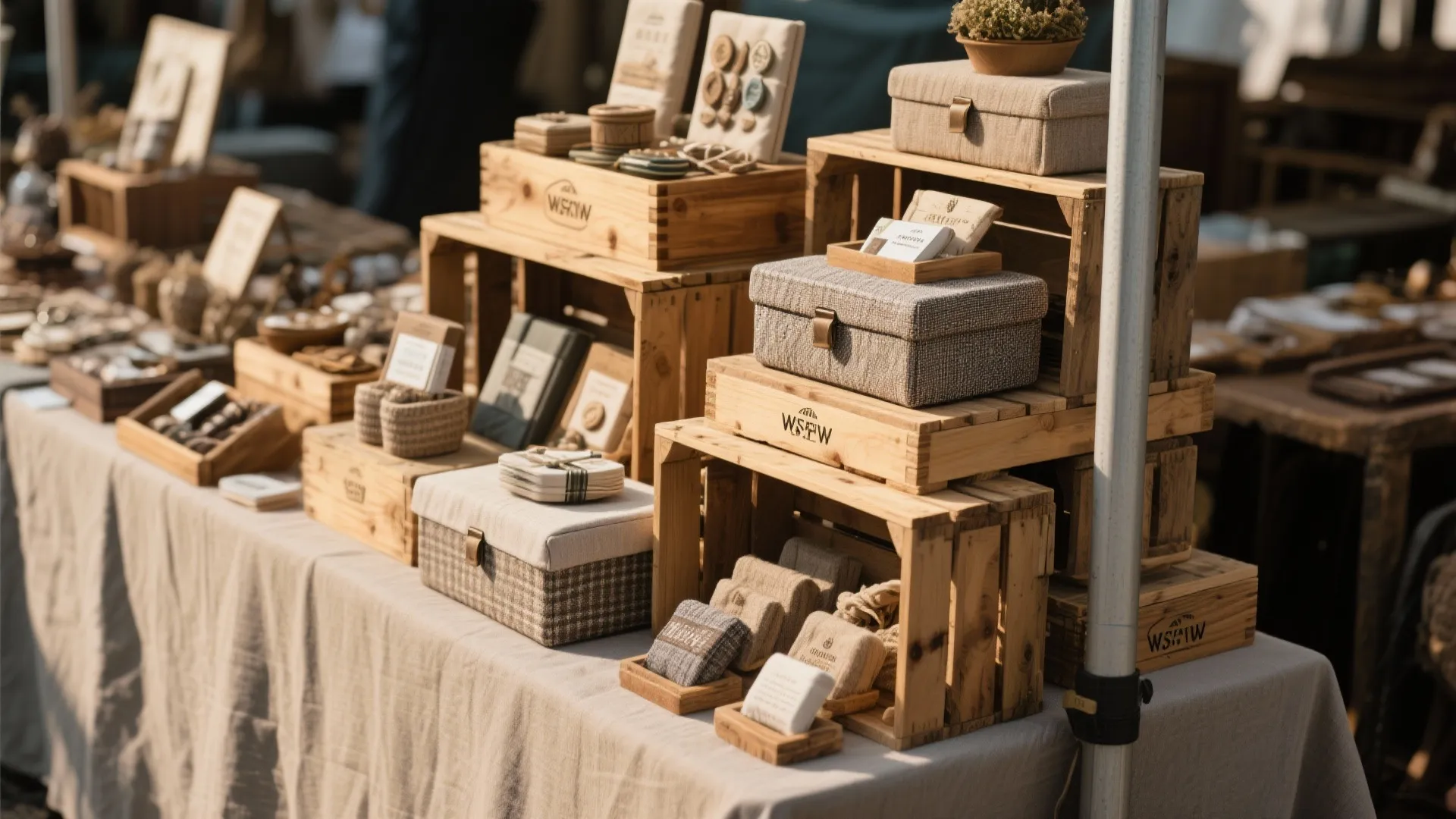 Vendor table with products elevated on crates and risers for layered display