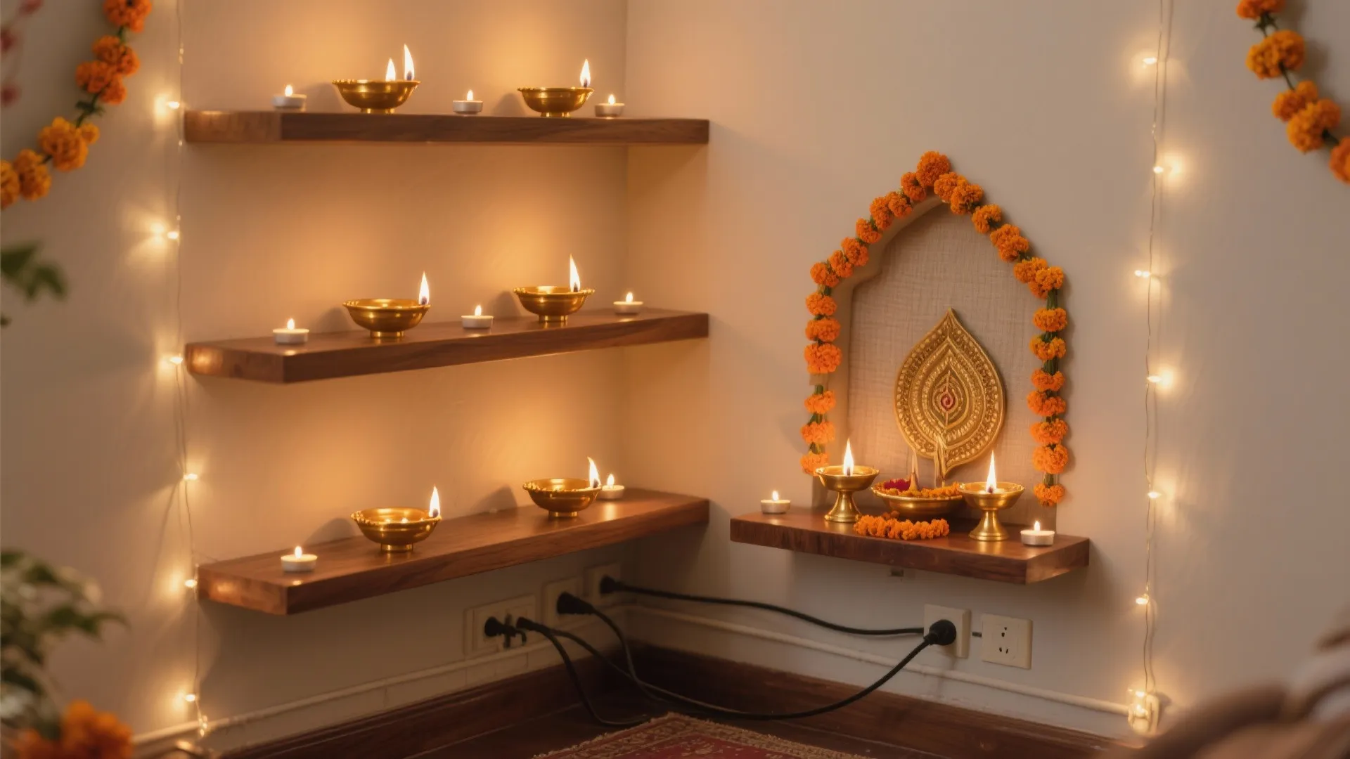 Layered diya lighting with a calm, golden glow