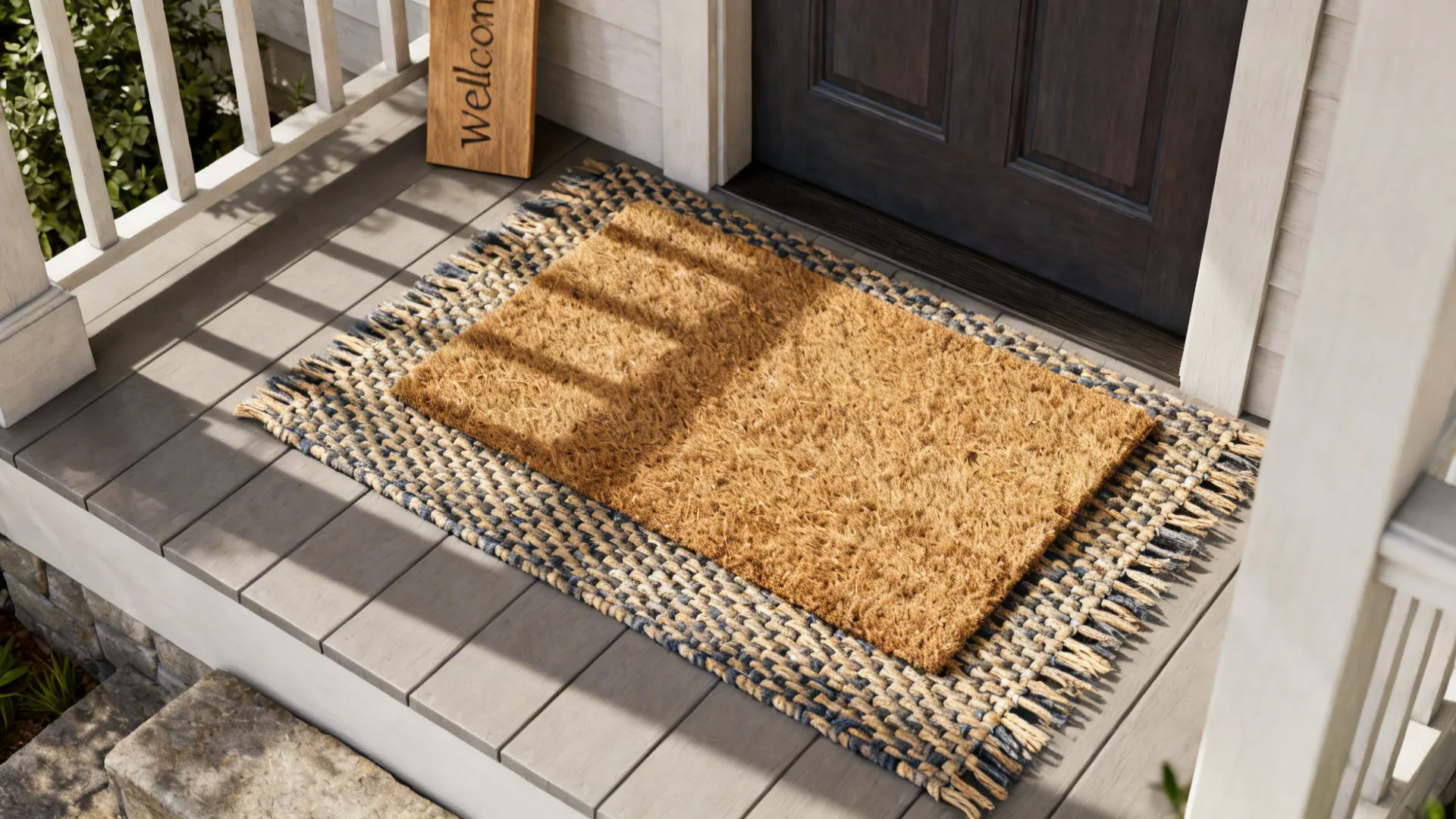 Layered doormats with a woven runner and a wooden welcome sign on a tiny porch.