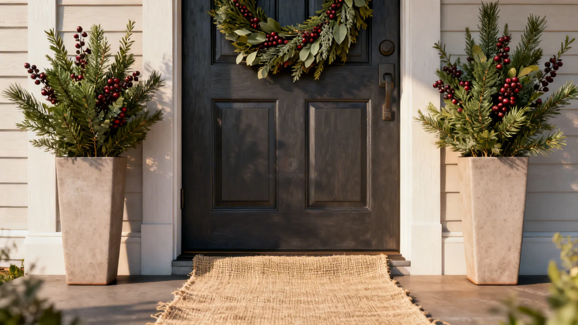Close-up of a slim wreath on a door with a narrow burlap runner and matching planters of evergreens.