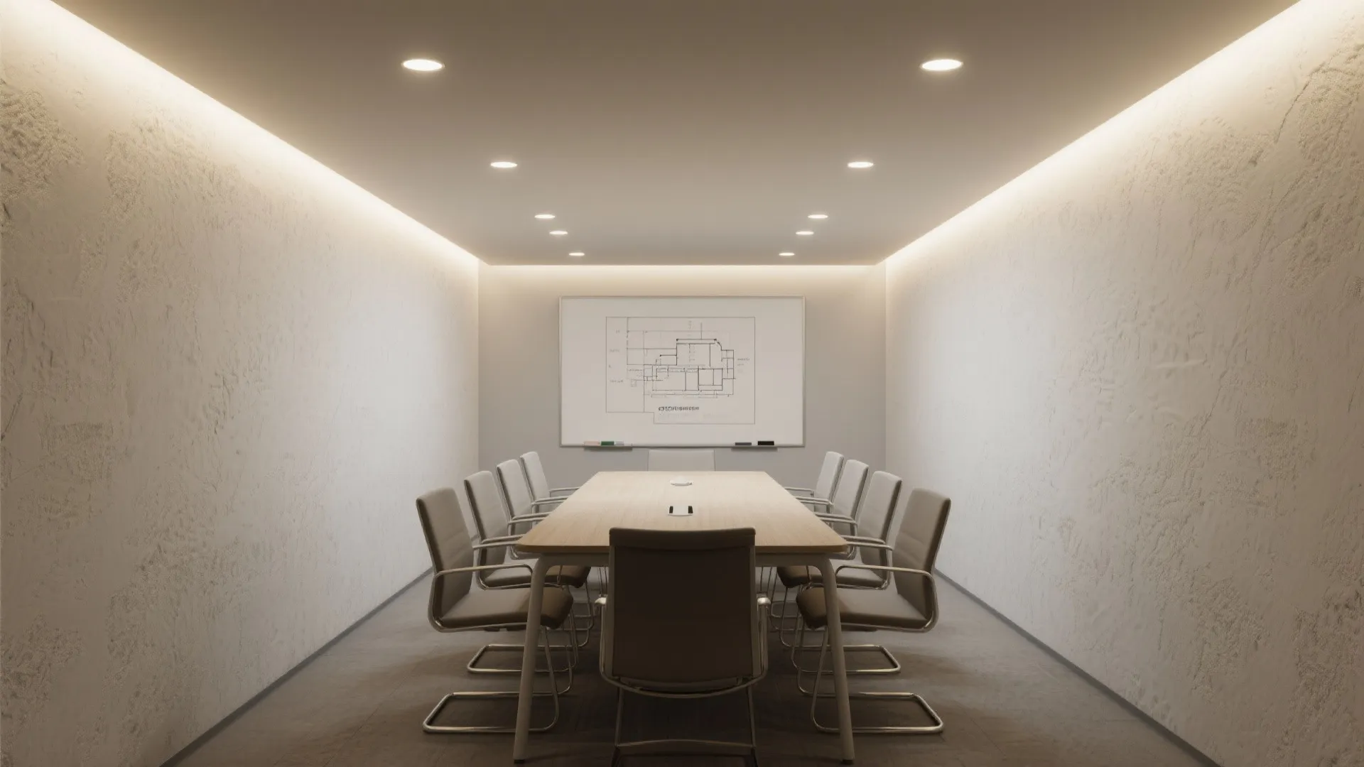 Narrow meeting room lit by recessed downlights and wall washers highlighting a textured wall and whiteboard.