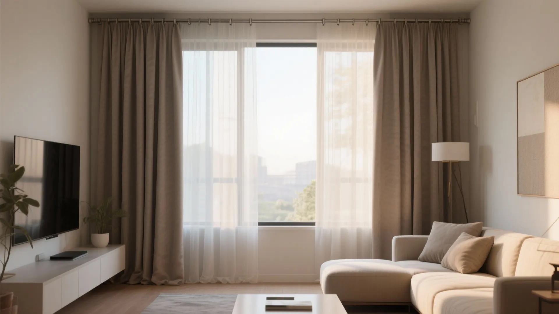 Bright living room with layered sheer and beige curtain styles next to a large television