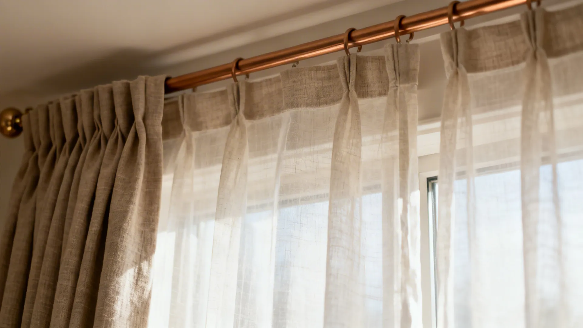 Close up of beige and white sheer curtains hanging on a bronze metal curtain rod