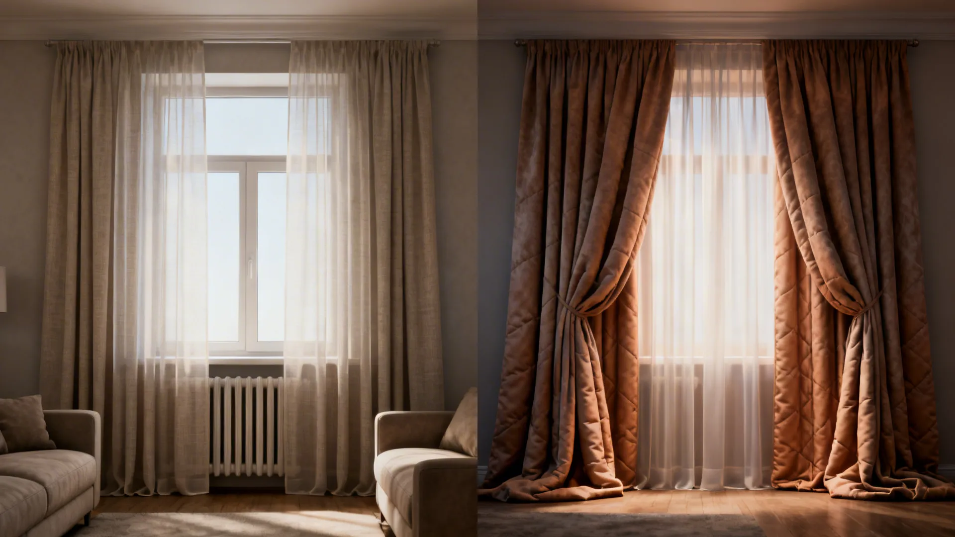 Split image showing sheer-only window vs layered drapery with heavy insulated drape for depth and warmth.