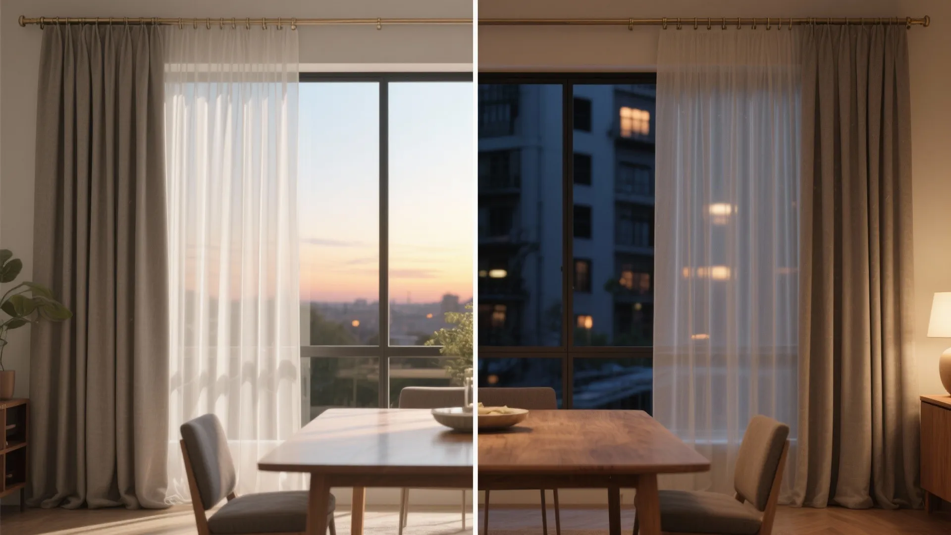Layered drapery: sheer + blackout for day-to-night dining