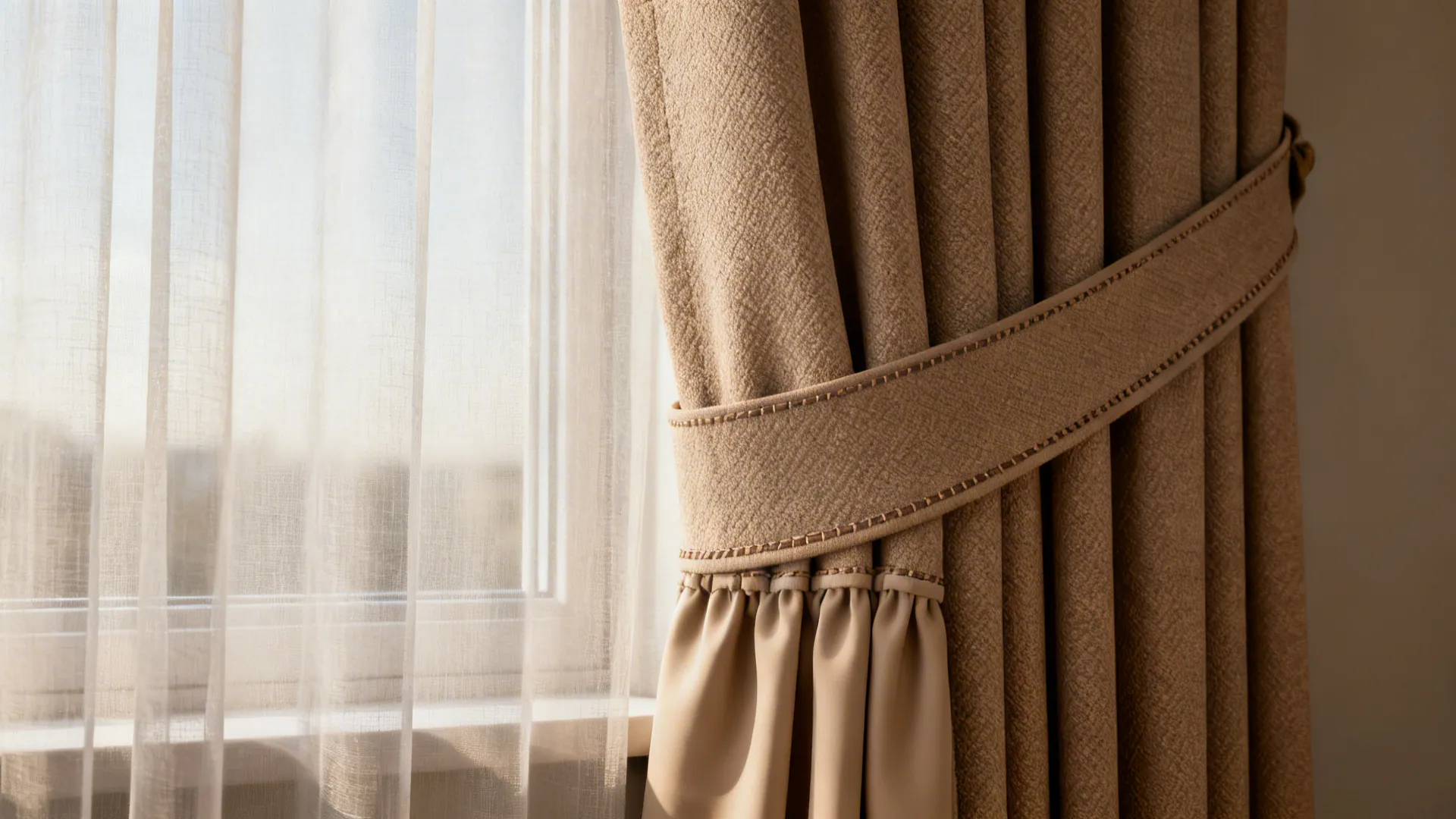 Close-up of sheer and blackout curtain layers showing texture and hem weight