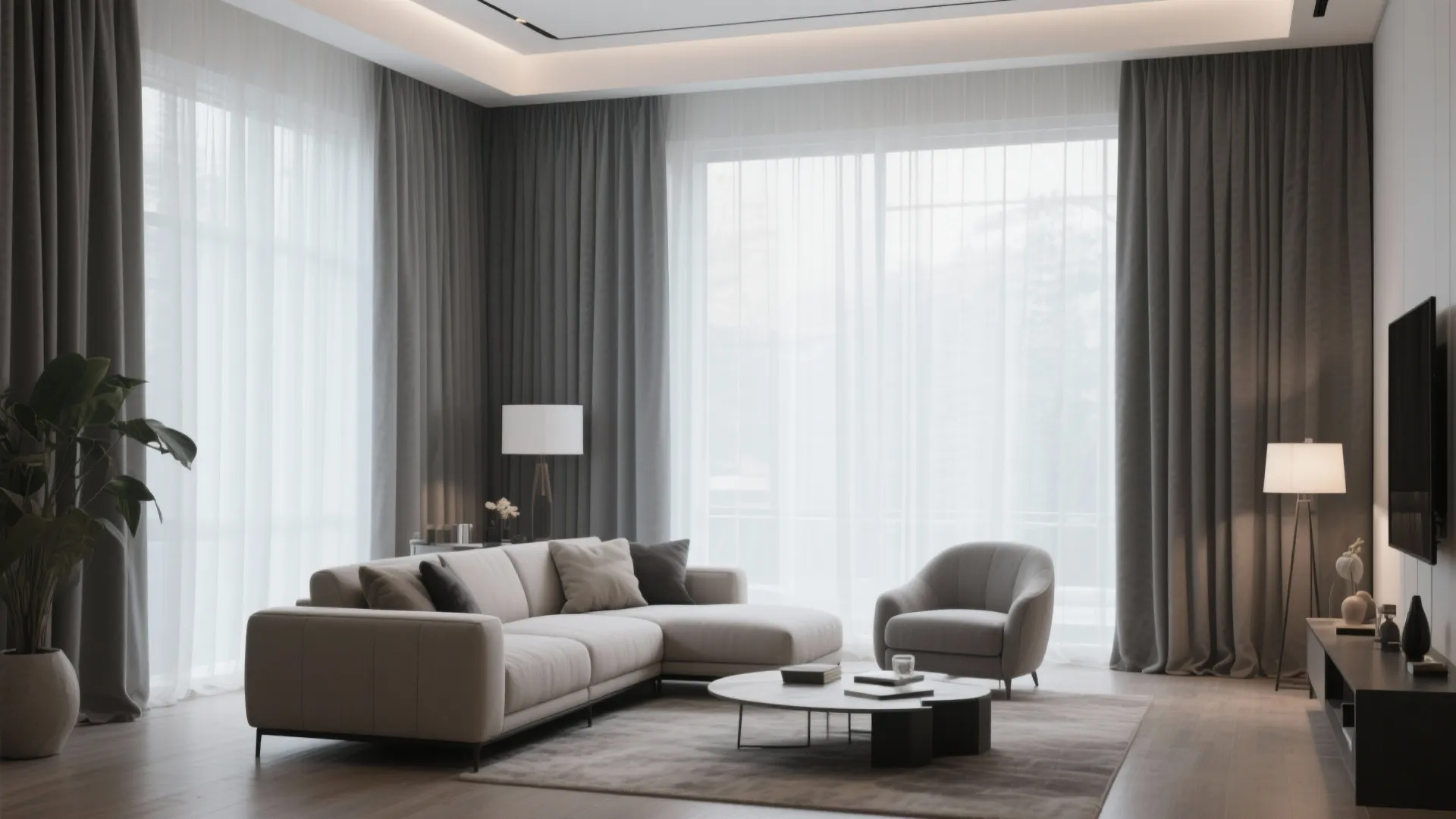 Layered curtains with sheers behind grey pleated drapes