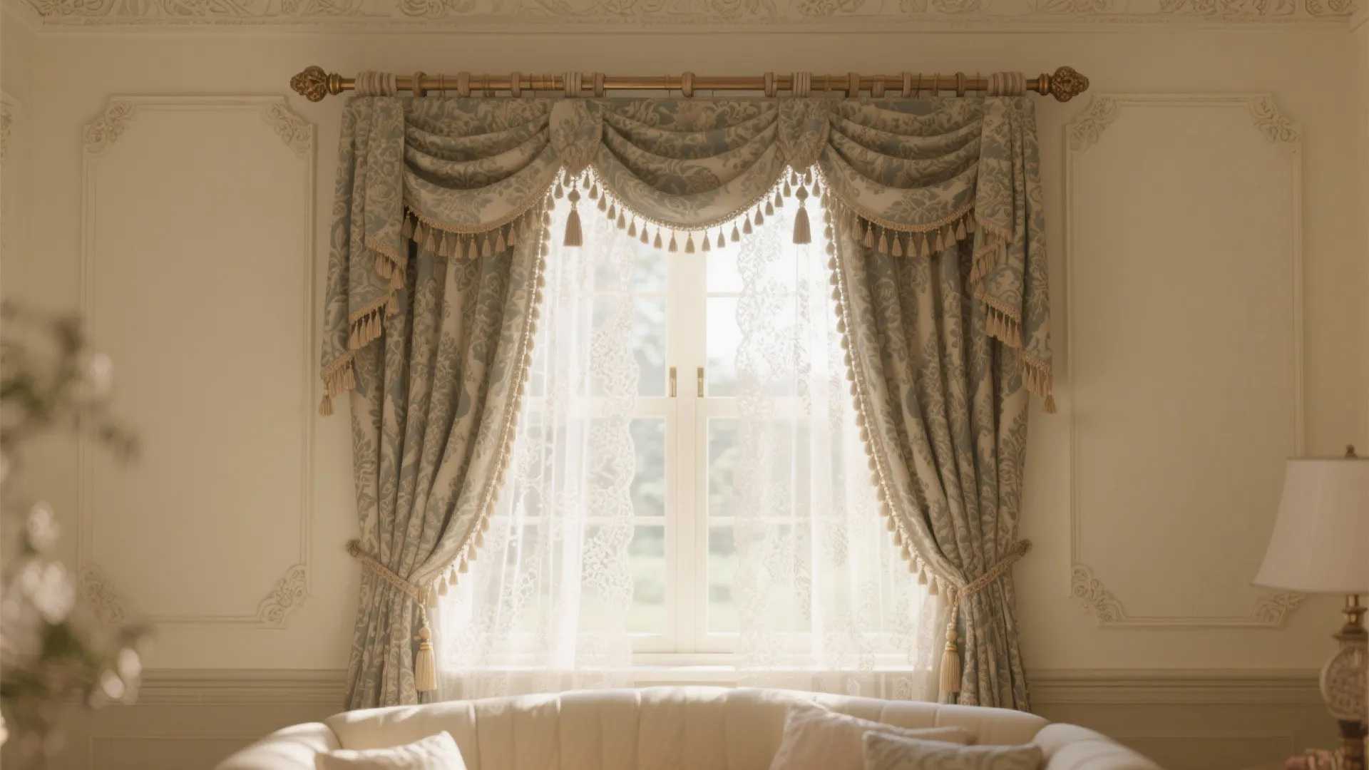 Classic blue patterned curtain with tassels and white lace fabric near a bright living room window