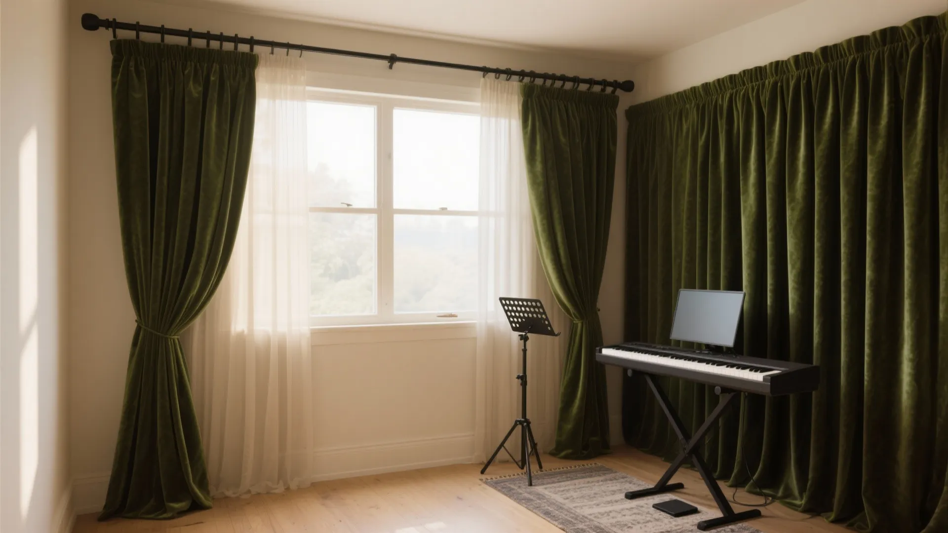 Layered curtains over glass for flexible acoustics