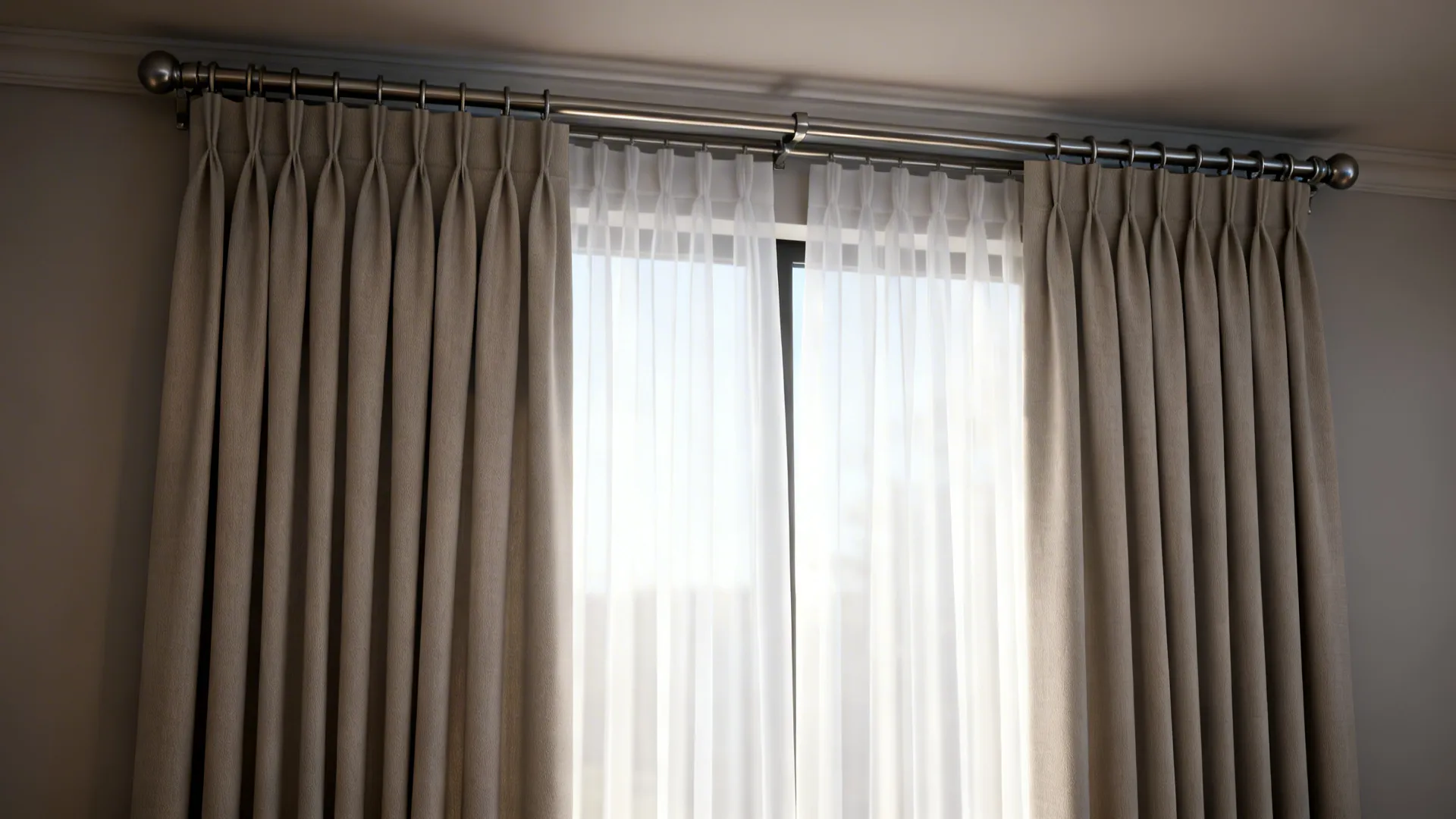 Window showing sheer white panels layered under heavier drapes on a double rod