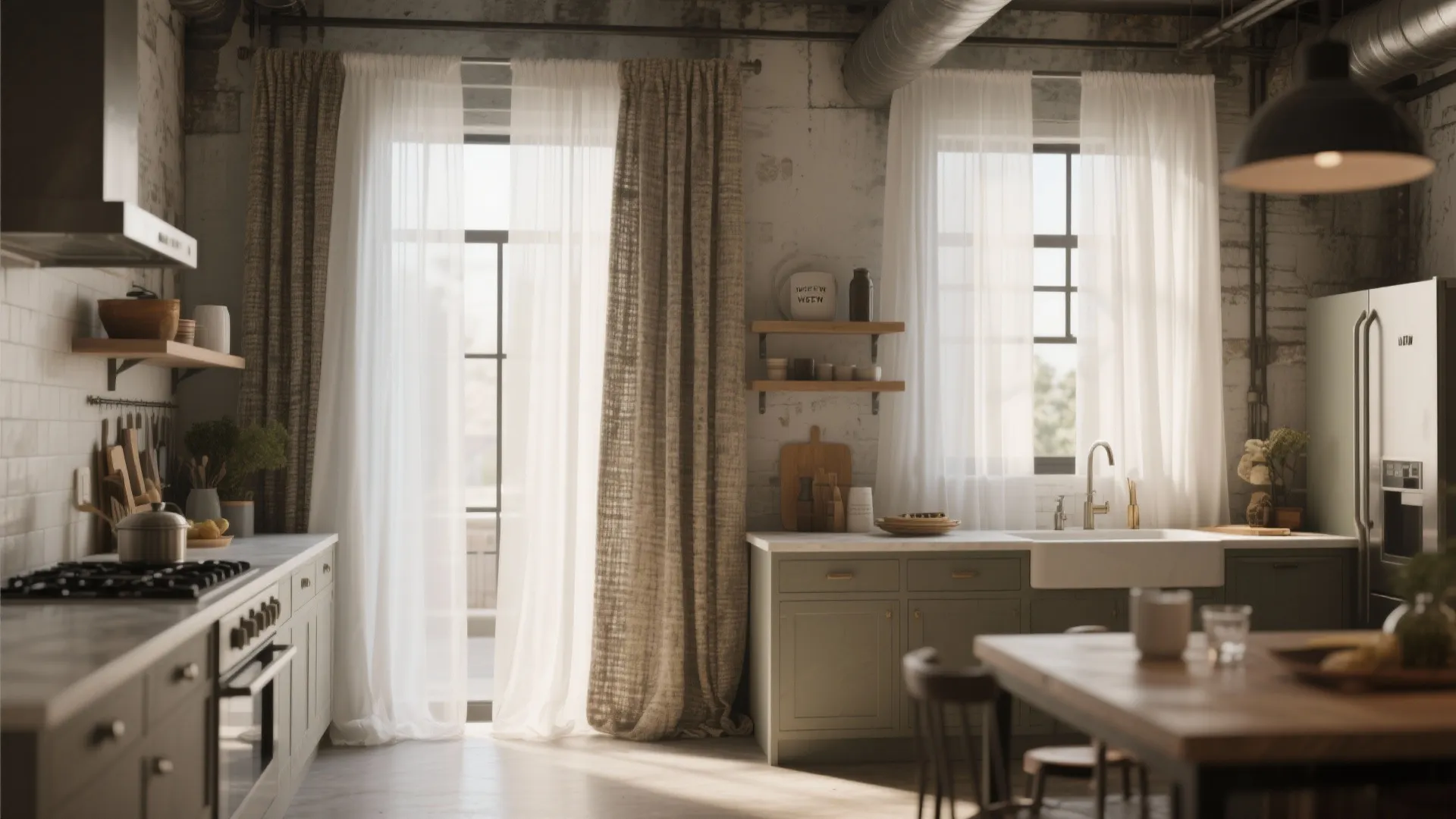 Loft kitchen with layered sheer and heavy drapes in soft light