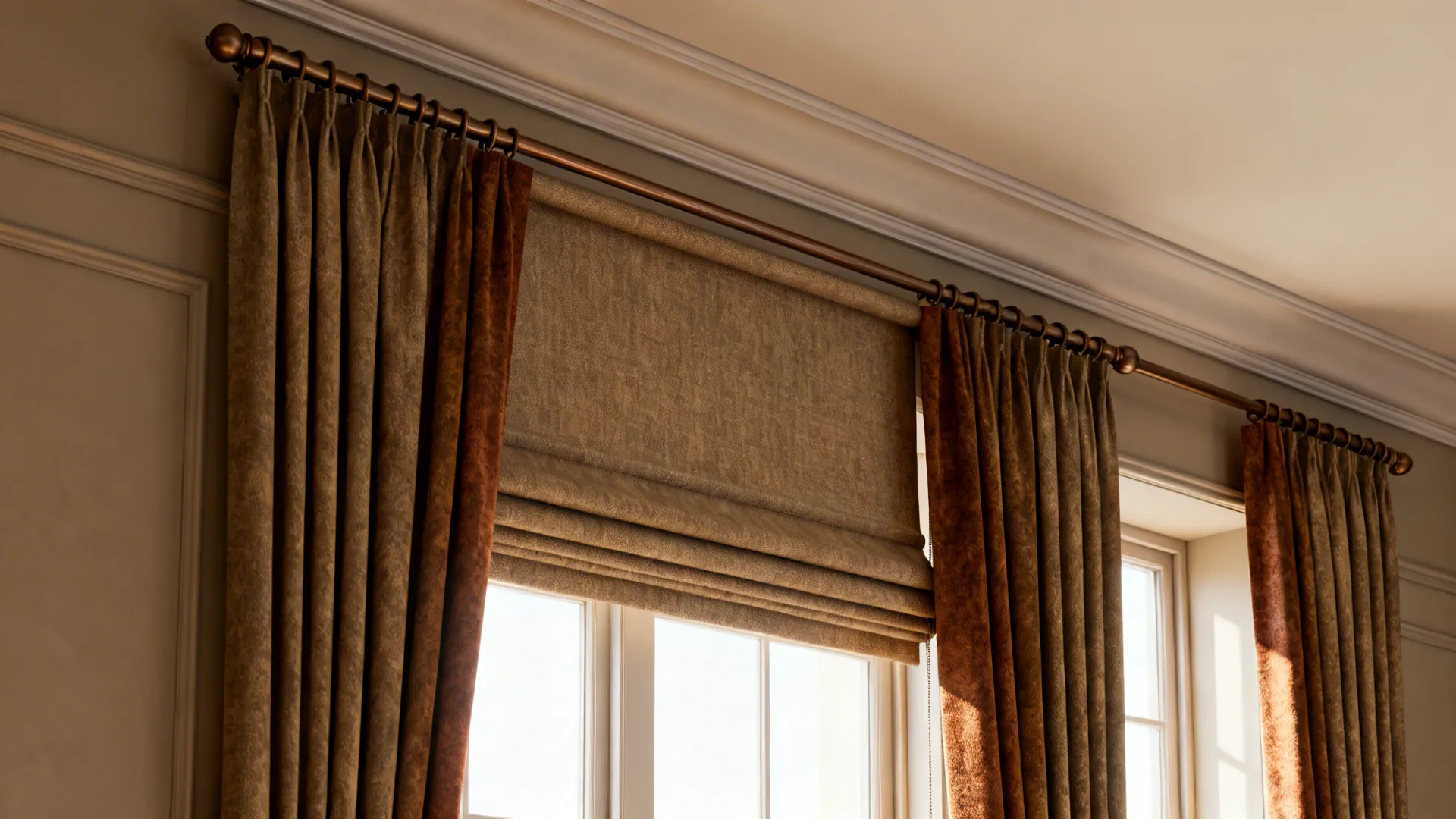 Brown curtains on bronze rod with rings and matching fabric shade for a bright window