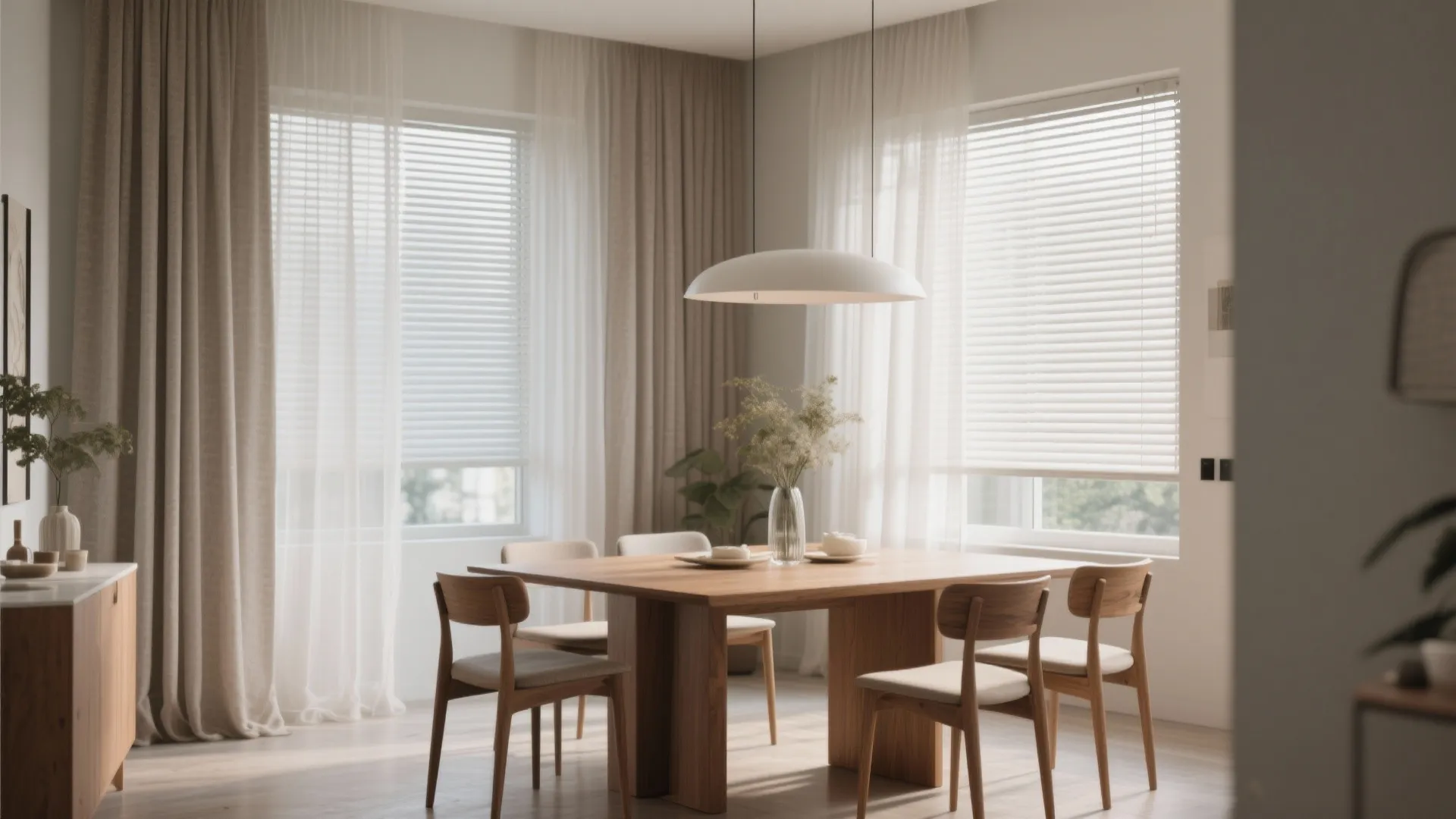 Dining room with layered blinds and sheer curtains