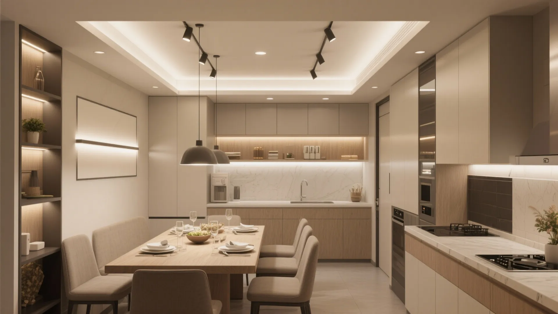 Modern kitchen and dining area with warm lighting wooden table grey chairs and white cabinet units