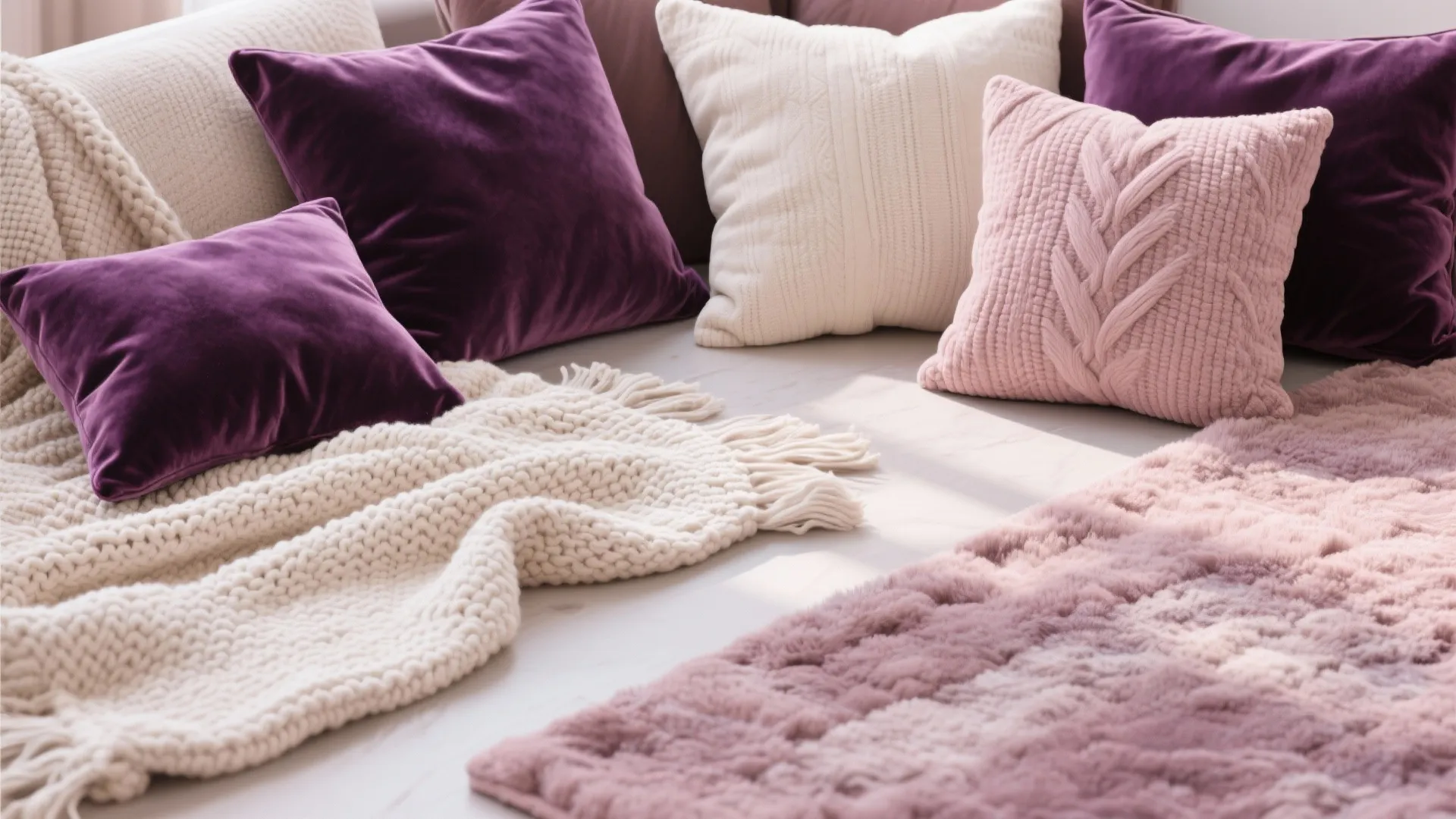 Soft purple velvet pillows and knitted white blankets arranged on a cozy modern bedroom floor