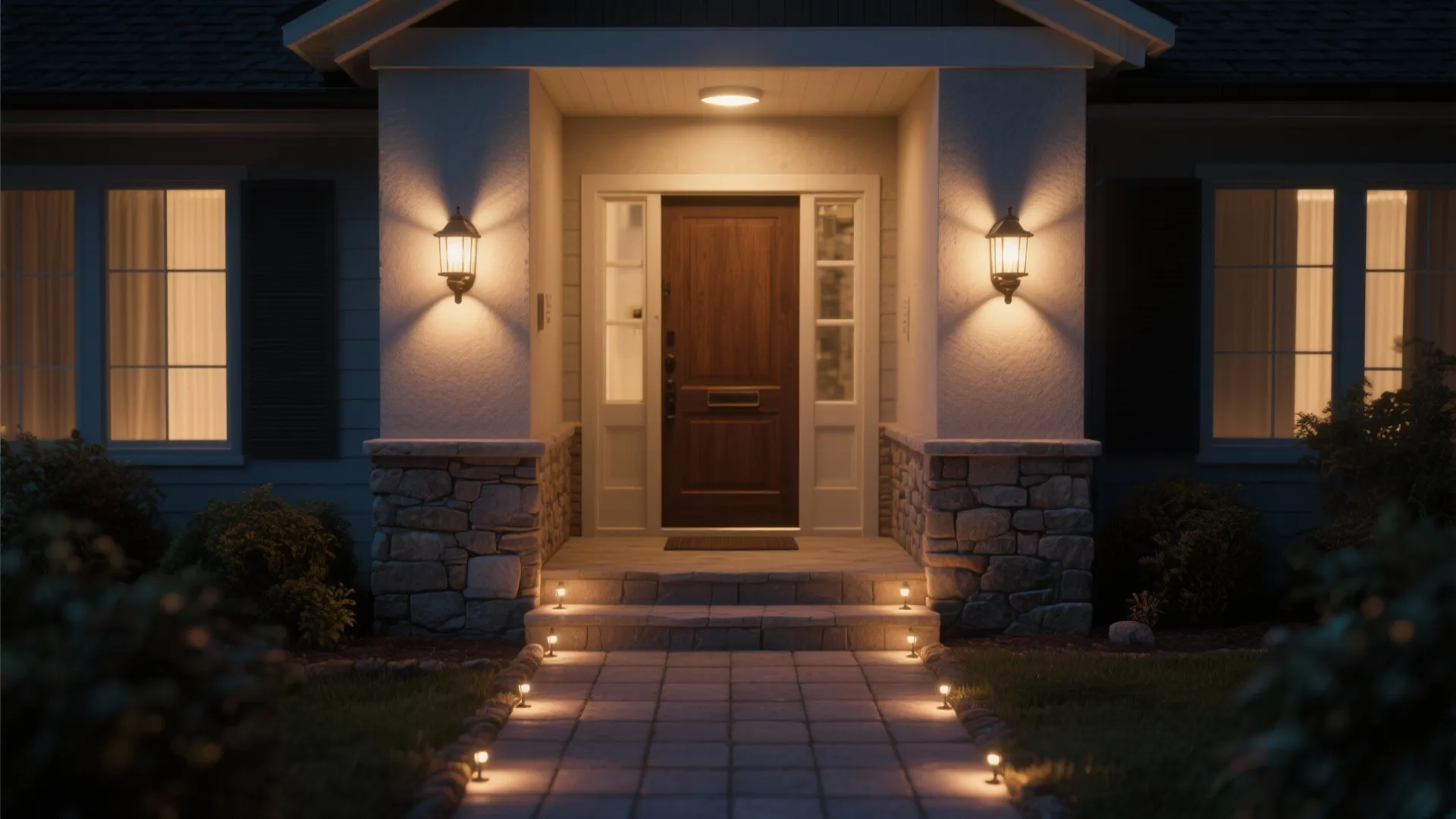 2) Layer it: sconces + soft downlight + path markers