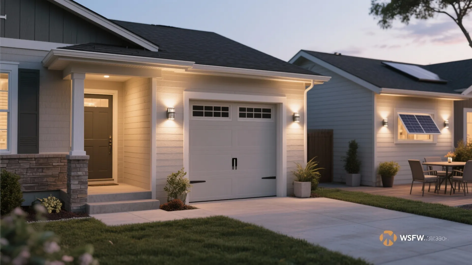 Montage of small exterior areas using layered motion sensor wall lighting for safety and style.