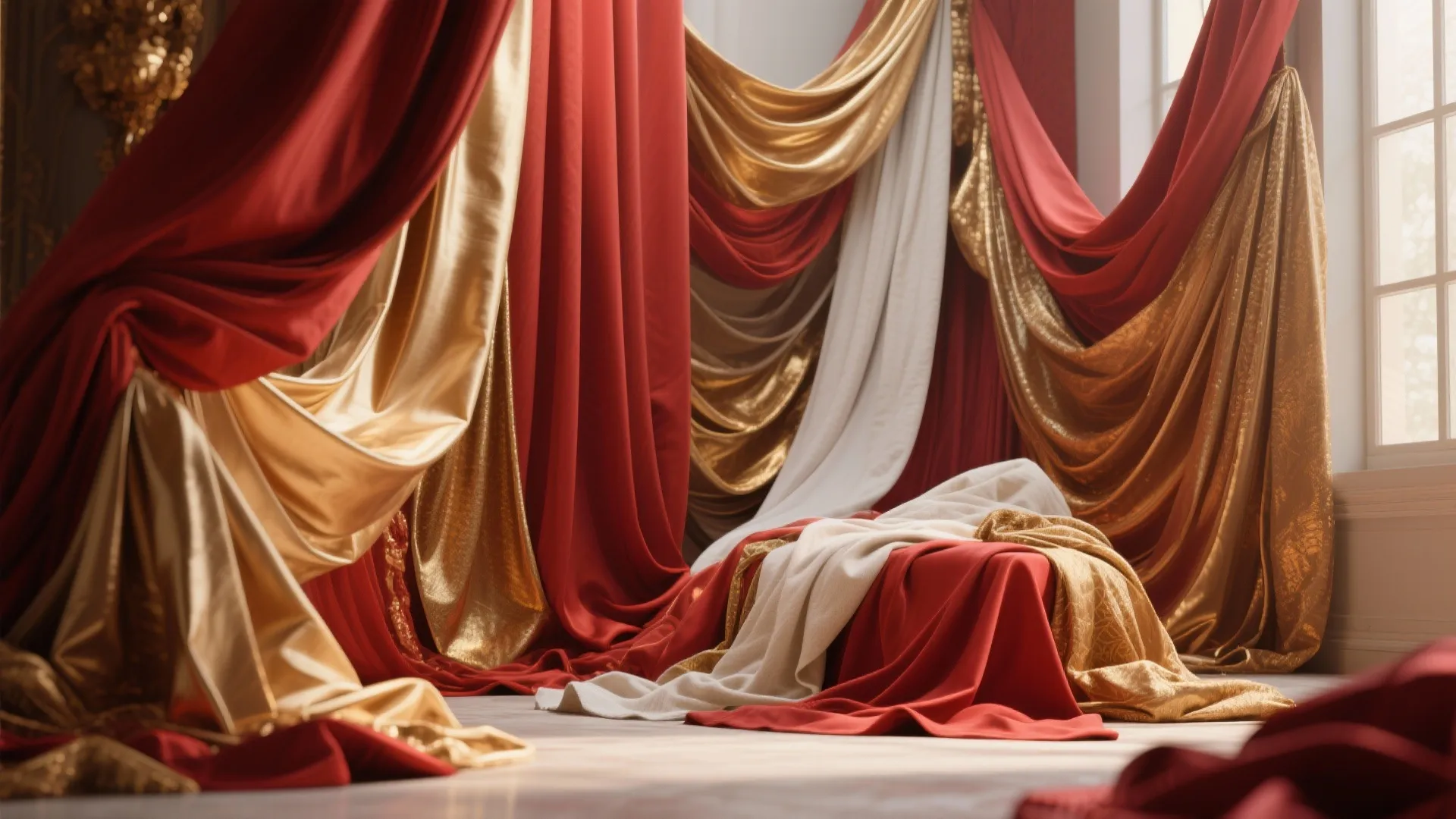 Layered red and gold fabric draping for stage decor